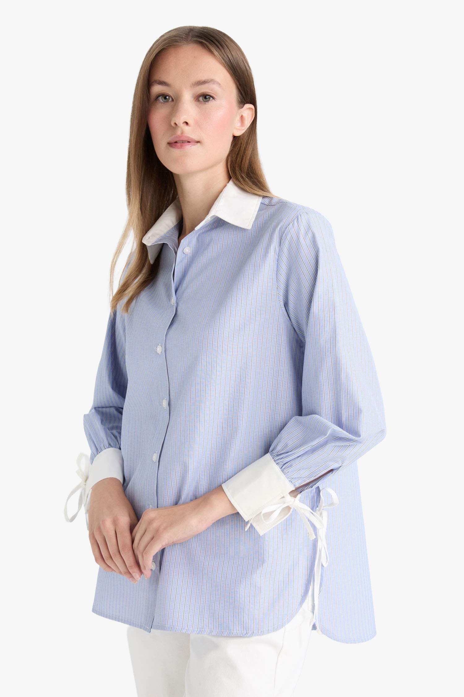 Regular Fit Woven Long Sleeve Striped Tunic