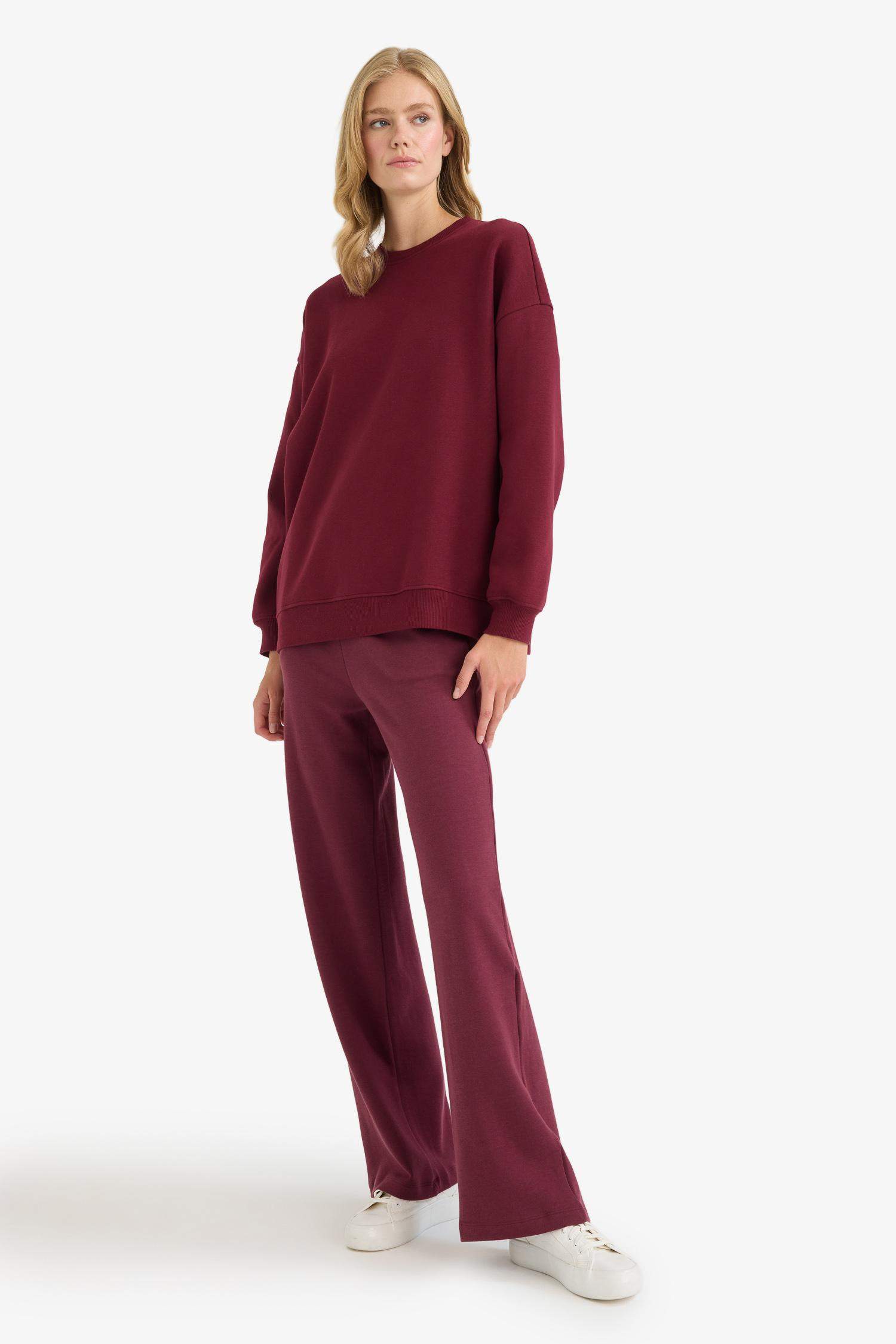 Oversize Geniş Kalıp Bisiklet Yaka Basic Düz Kalın Sweatshirt