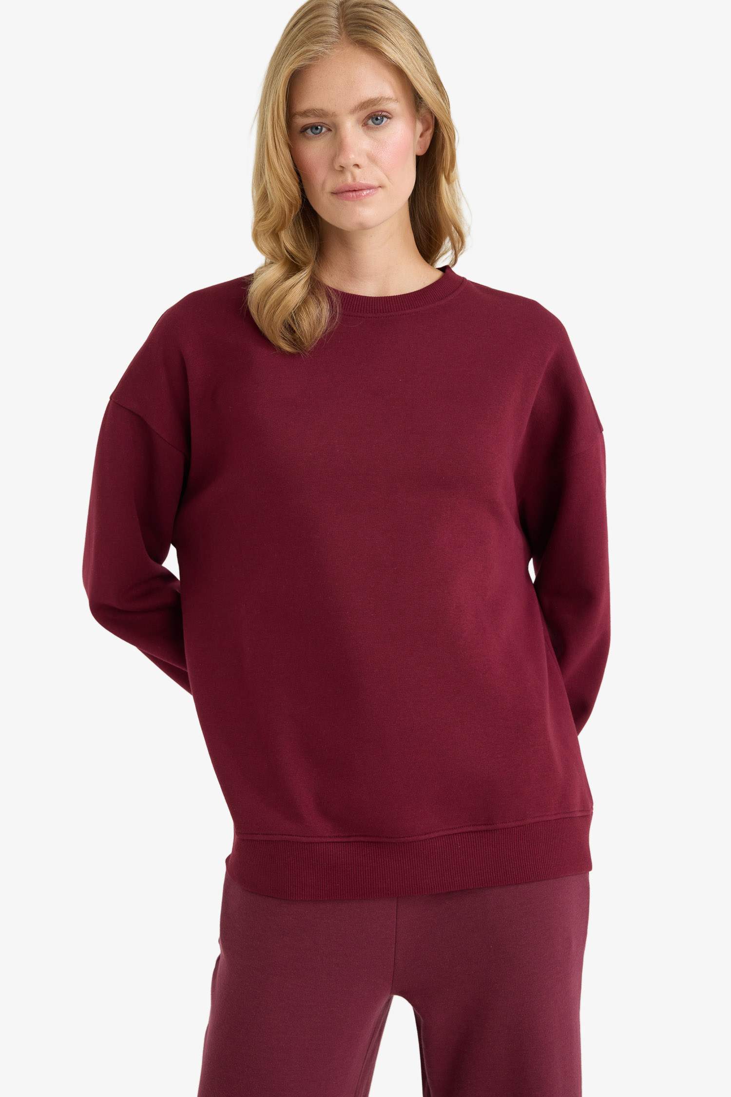 Oversize Geniş Kalıp Bisiklet Yaka Basic Düz Kalın Sweatshirt
