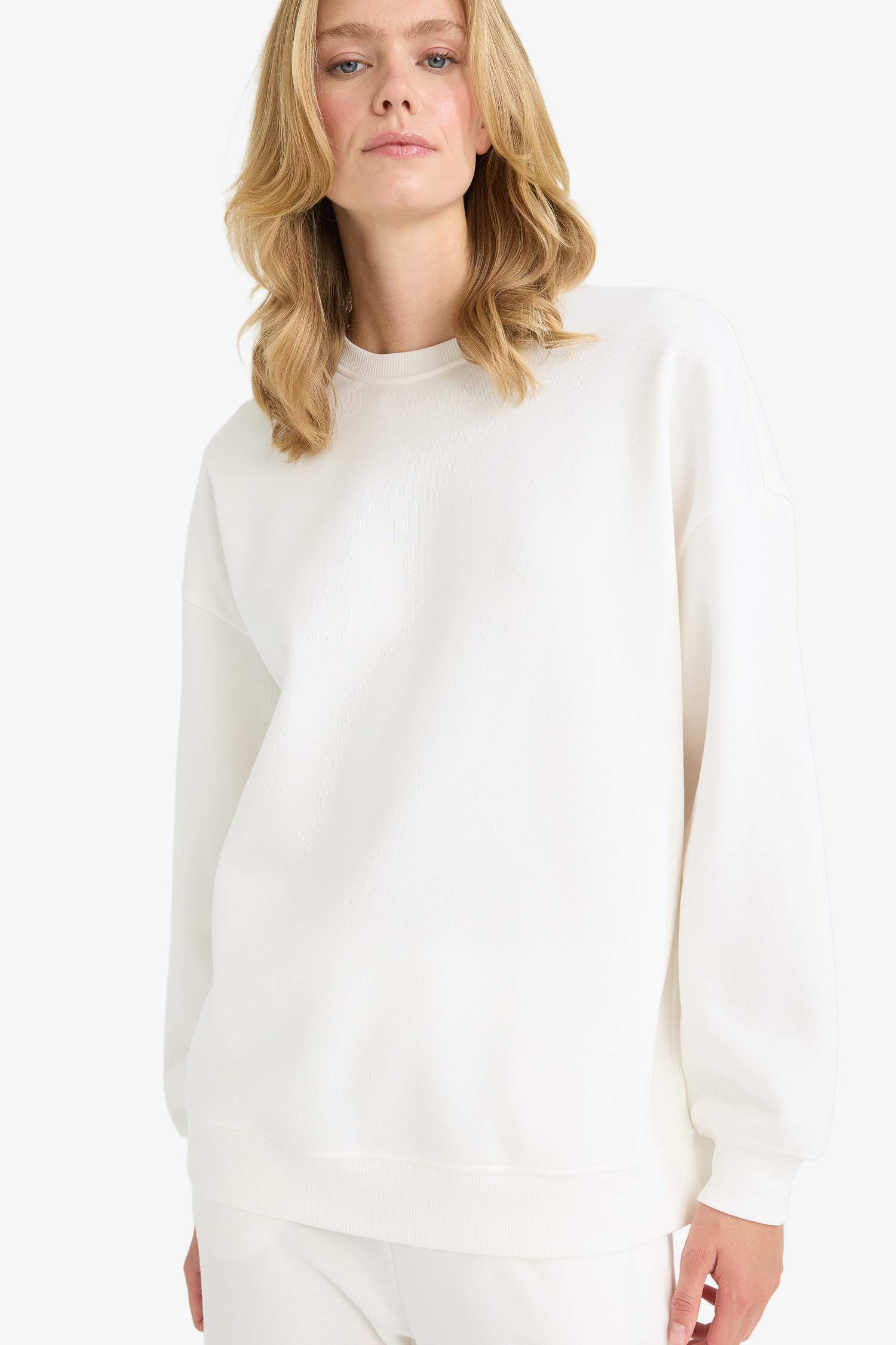 Oversize Geniş Kalıp Bisiklet Yaka Basic Düz Kalın Sweatshirt