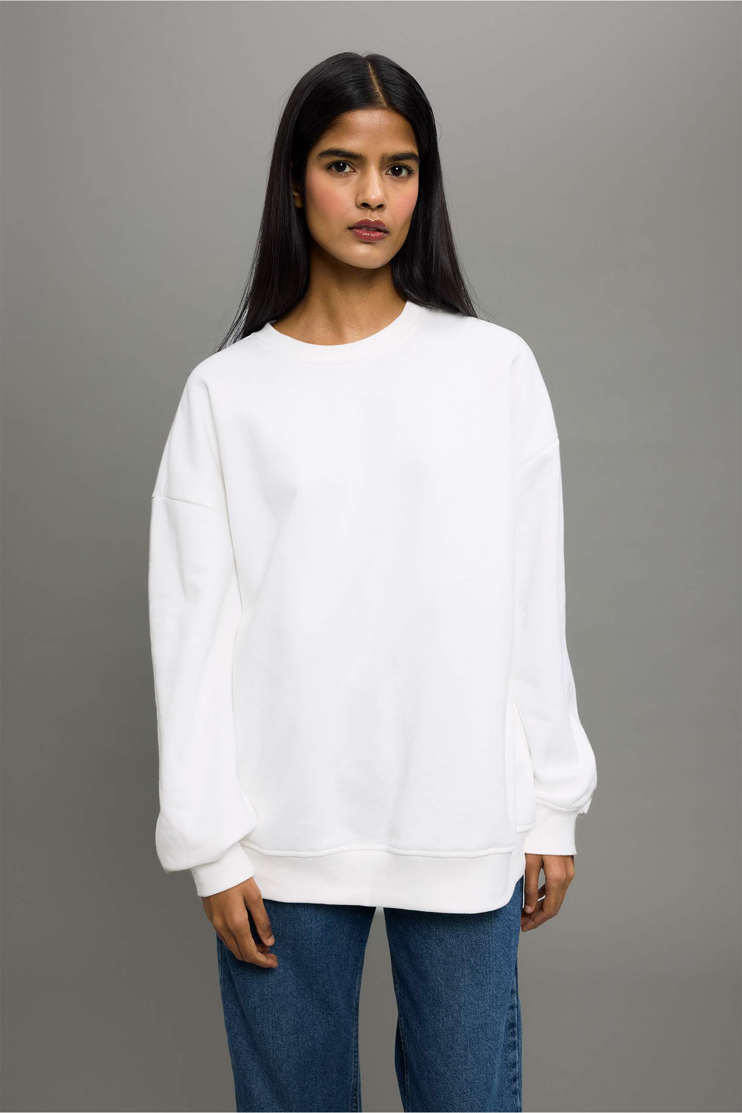 Oversize Geniş Kalıp Bisiklet Yaka Basic Düz Kalın Sweatshirt