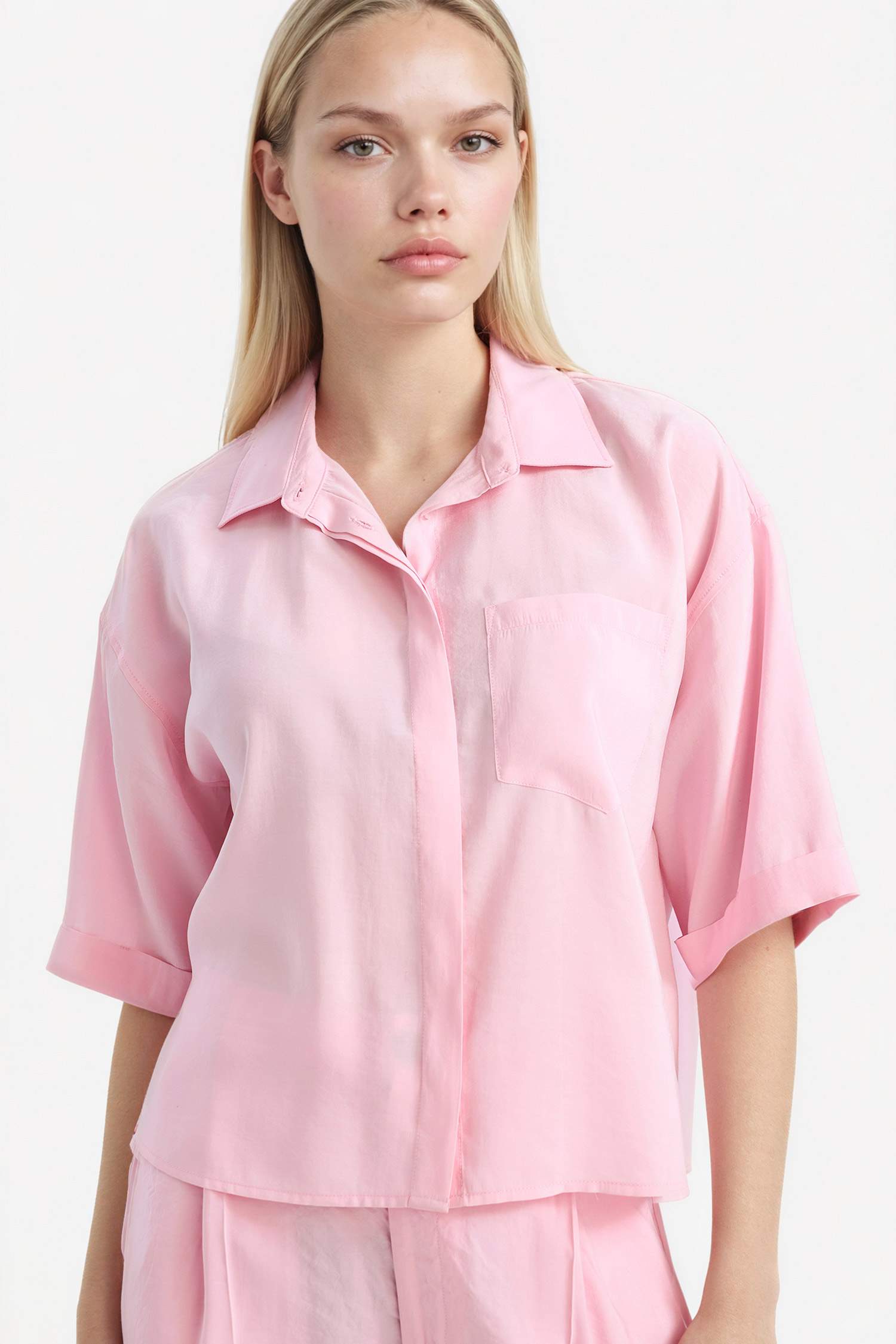 Pink Woman Loose Fit Shirt Collar modal Short Sleeve Shirt 3374735