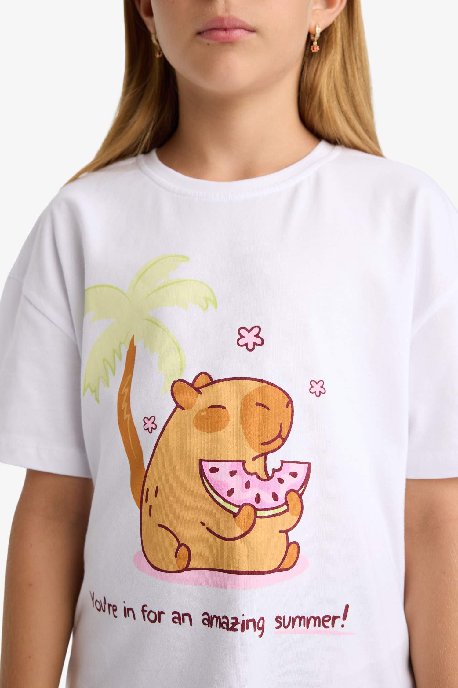 تيشيرت بناتي نص ردن اوفر سايز بياقة مستديرة