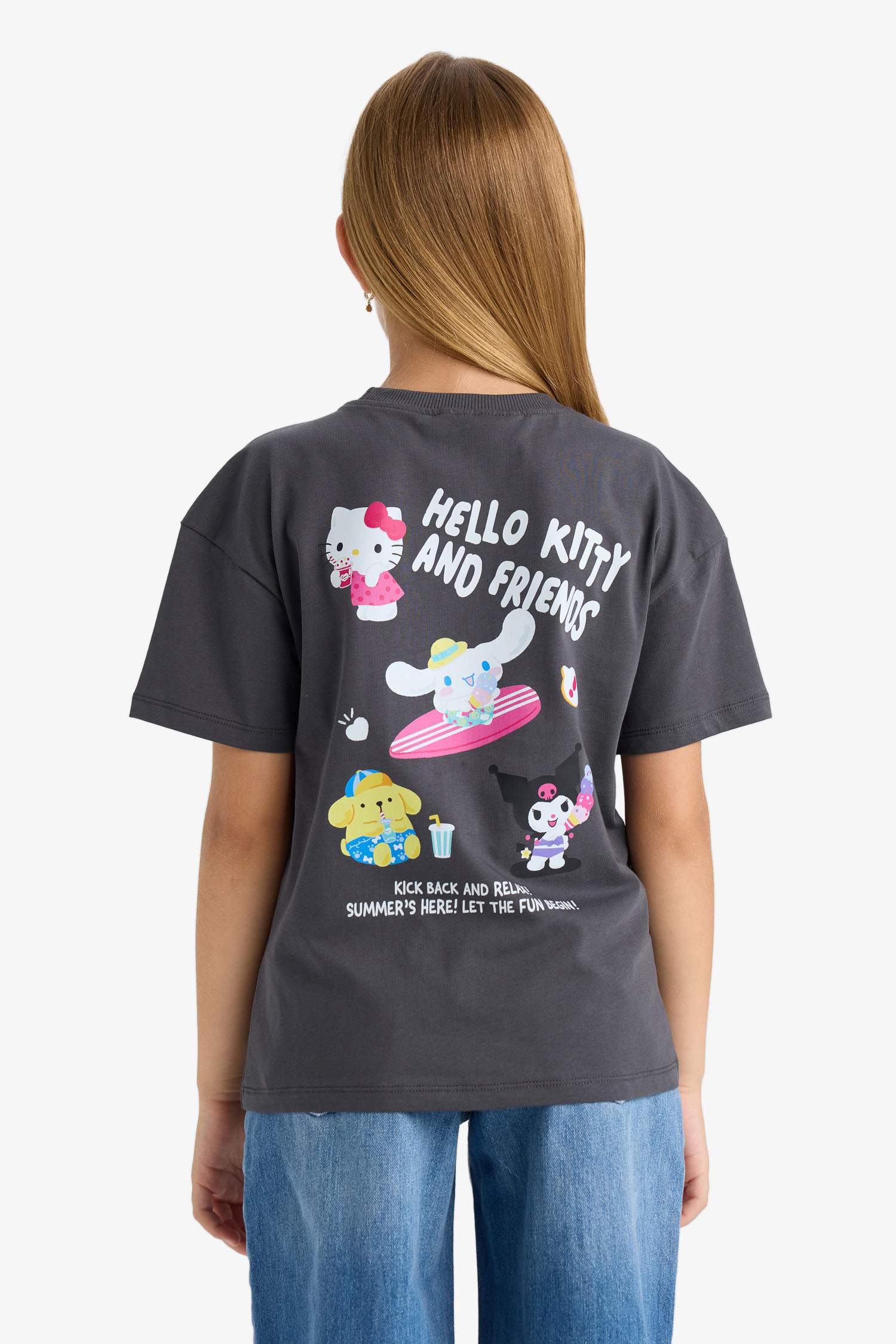 Kız Çocuk Hello Kitty Relax Fit Bisiklet Yaka Sırt Baskılı Kısa Kollu Tişört