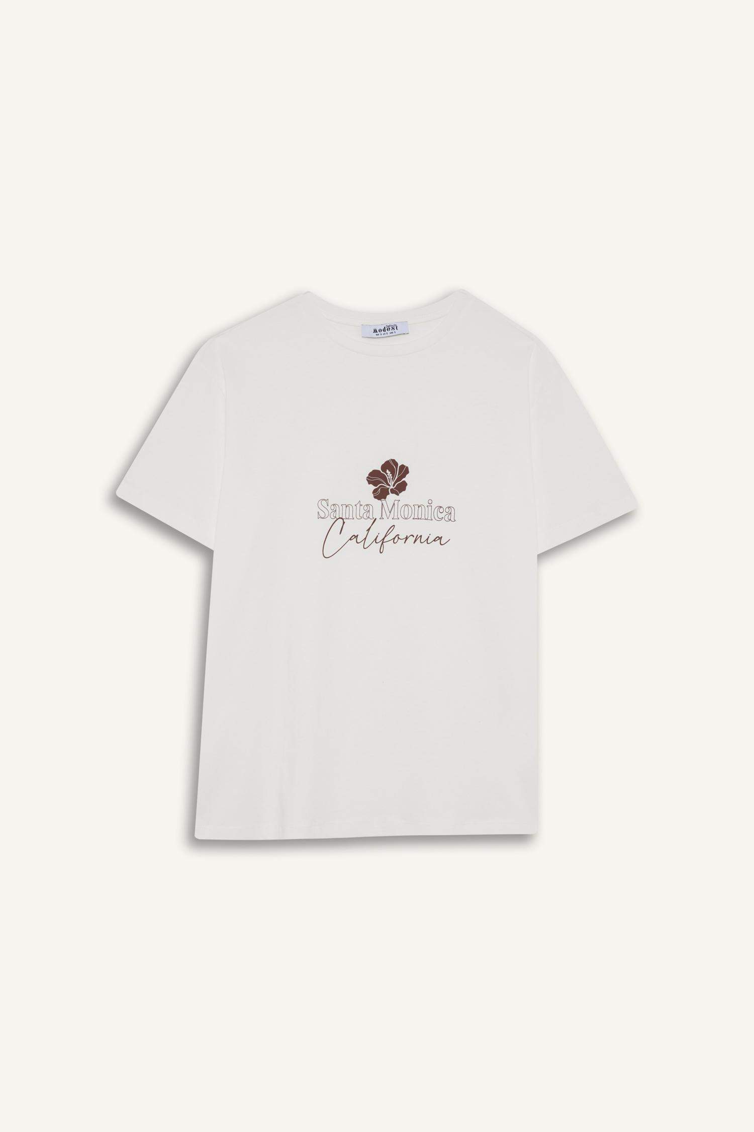 Regular Fit Bisiklet Yaka Çiçek Baskılı Kısa Kollu Tişört