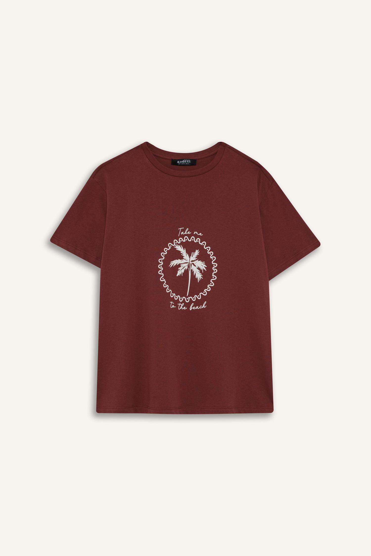 تيشيرت قصة عادية بياخة مستديرة بطبعة نخيل