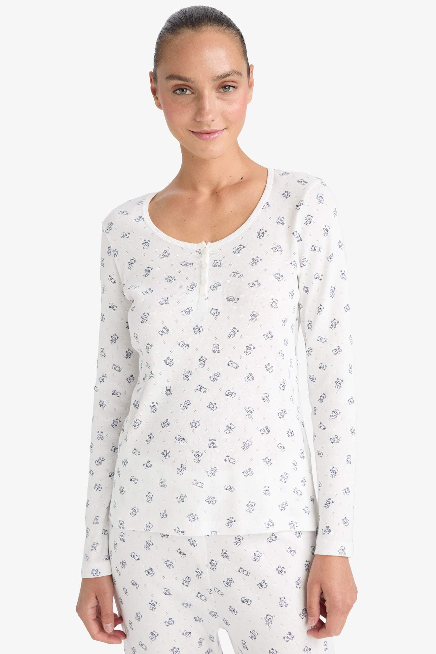 Pijama Takımı Desenli Pointel Kumaş Uzun Kollu Üst Uzun Alt