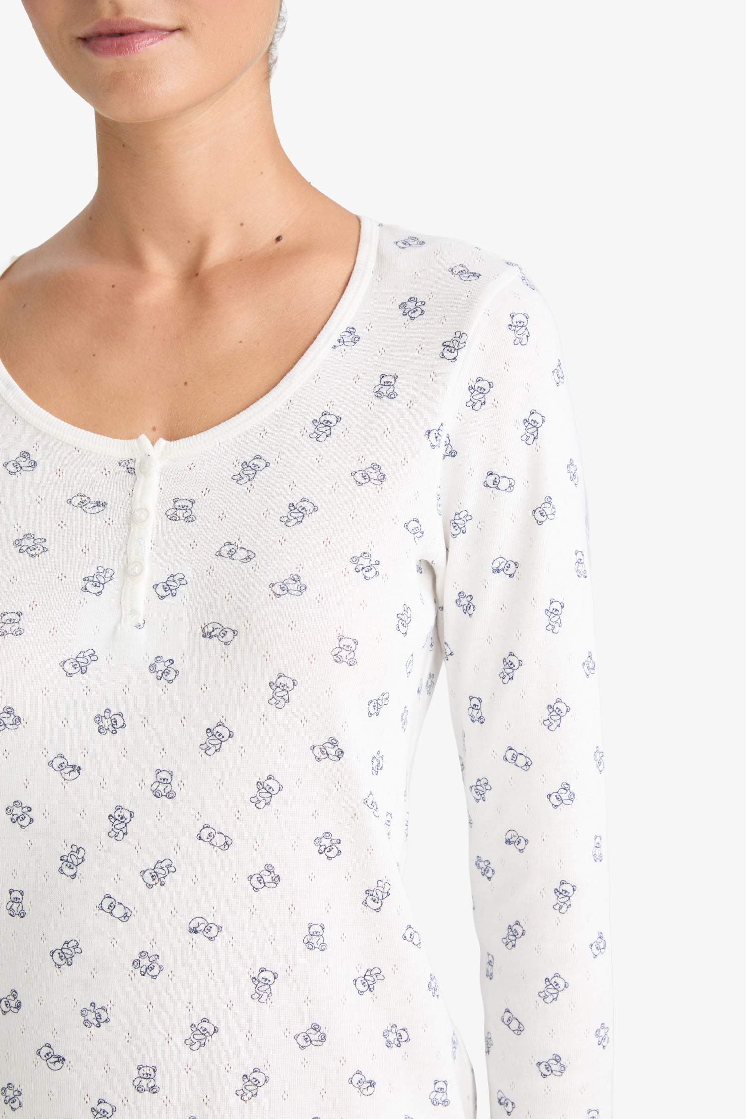 Pijama Takımı Desenli Pointel Kumaş Uzun Kollu Üst Uzun Alt