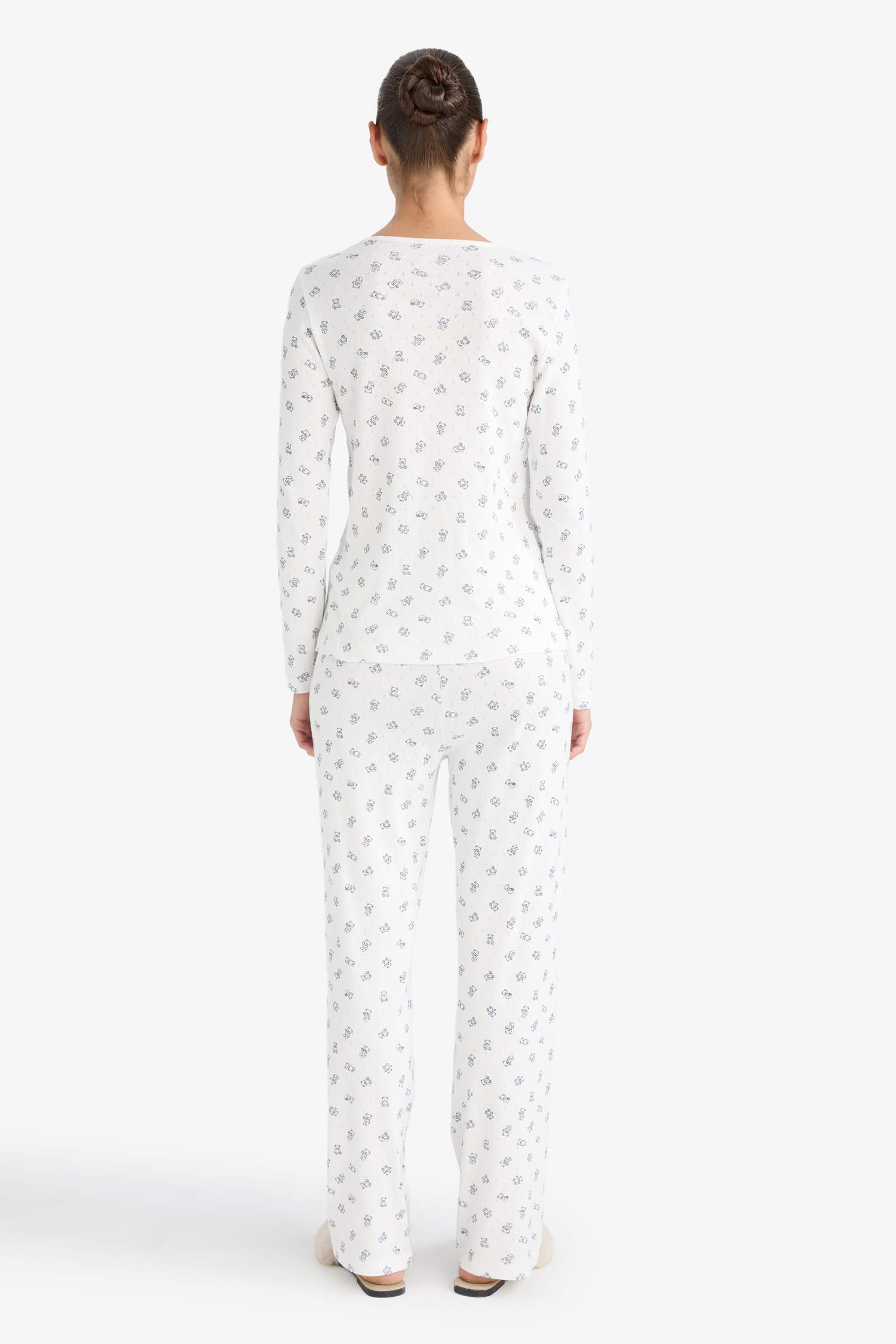 Pijama Takımı Desenli Pointel Kumaş Uzun Kollu Üst Uzun Alt