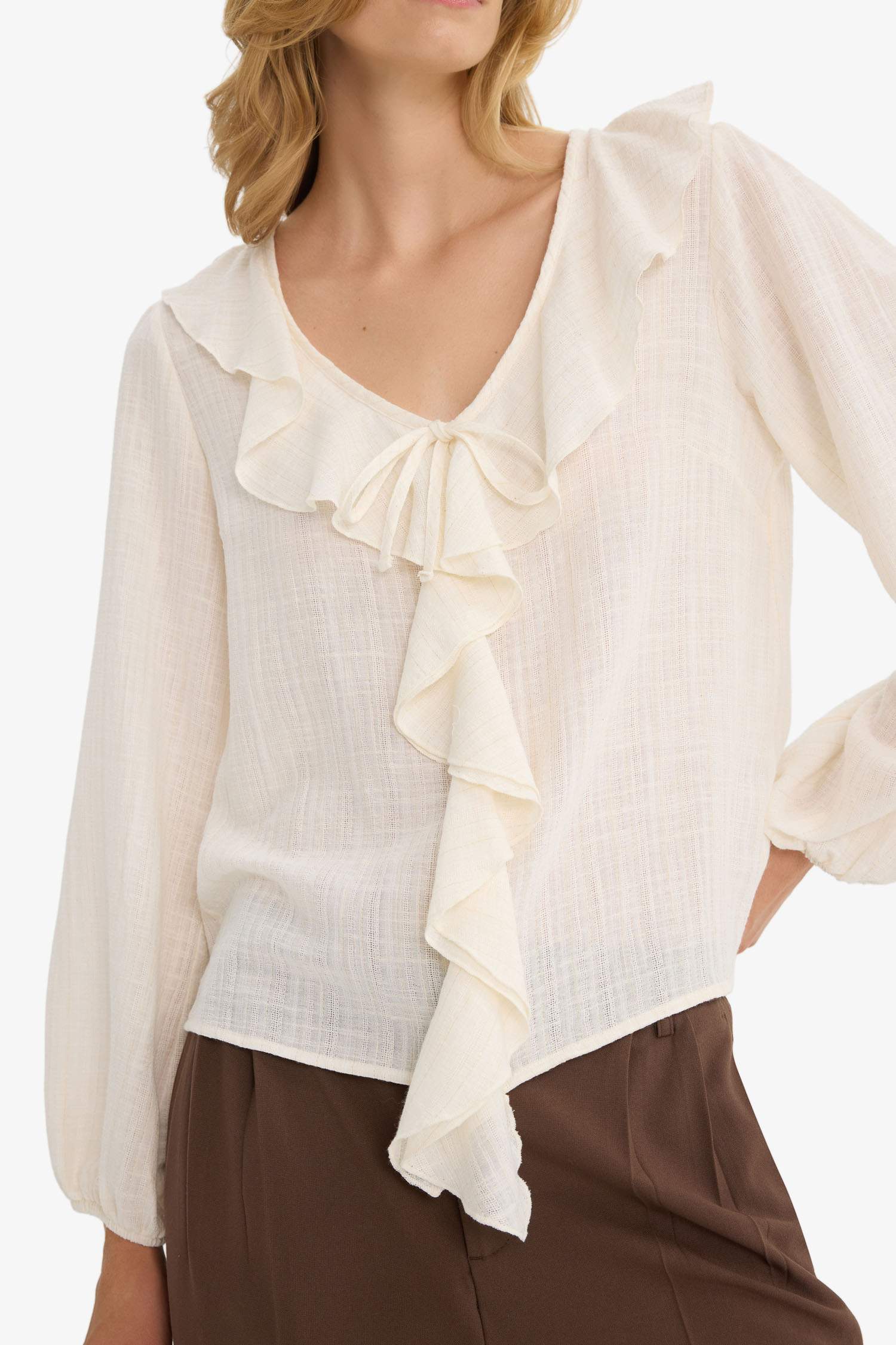 Regular Fit V-Neck Flounce Cotton Blouse