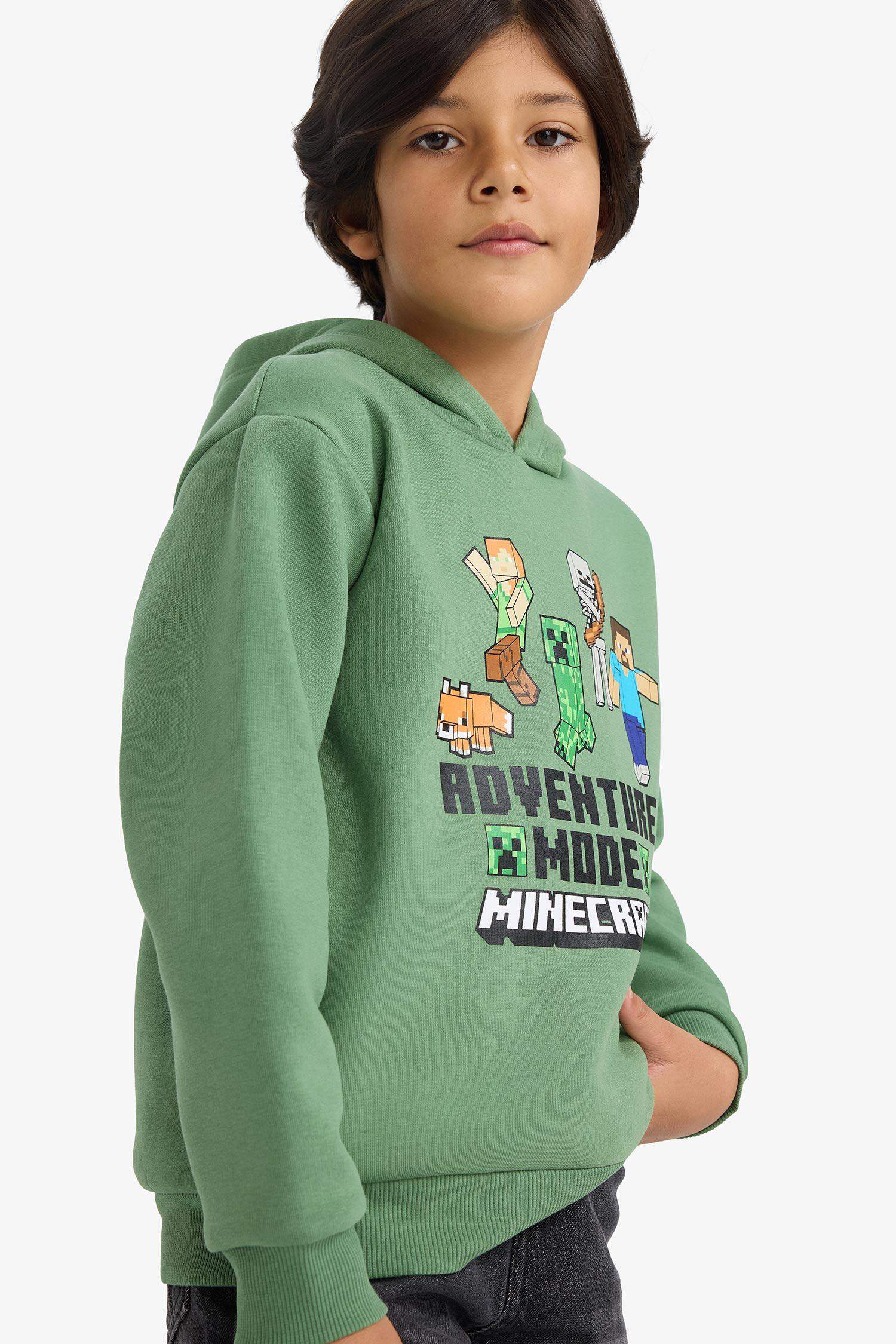 Erkek Çocuk Minecraft Kapüşonlu İçi Yumuşak Tüylü Sweatshirt