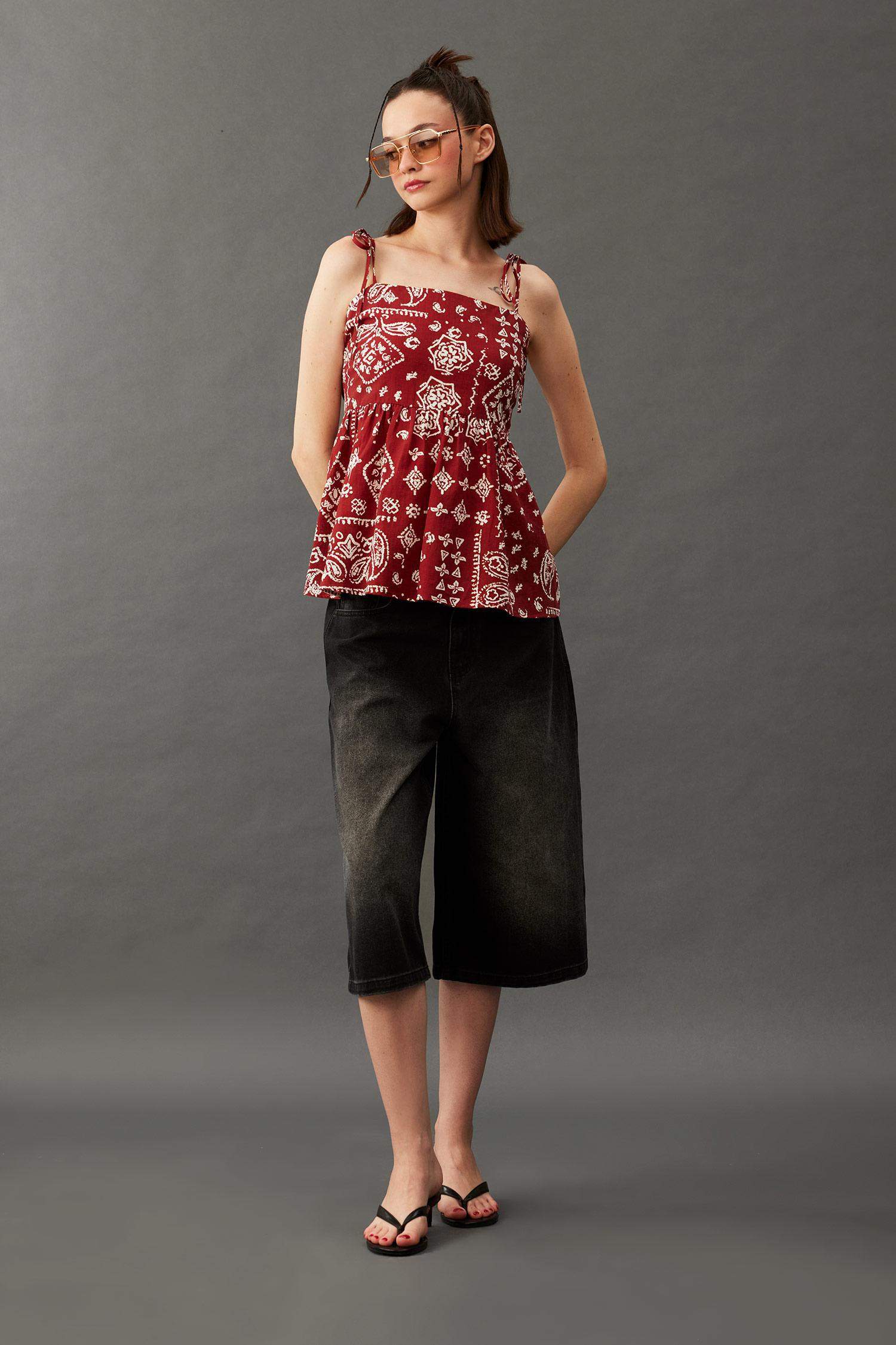 Flare Fit Şal Desenli Poplin Kolsuz Bluz