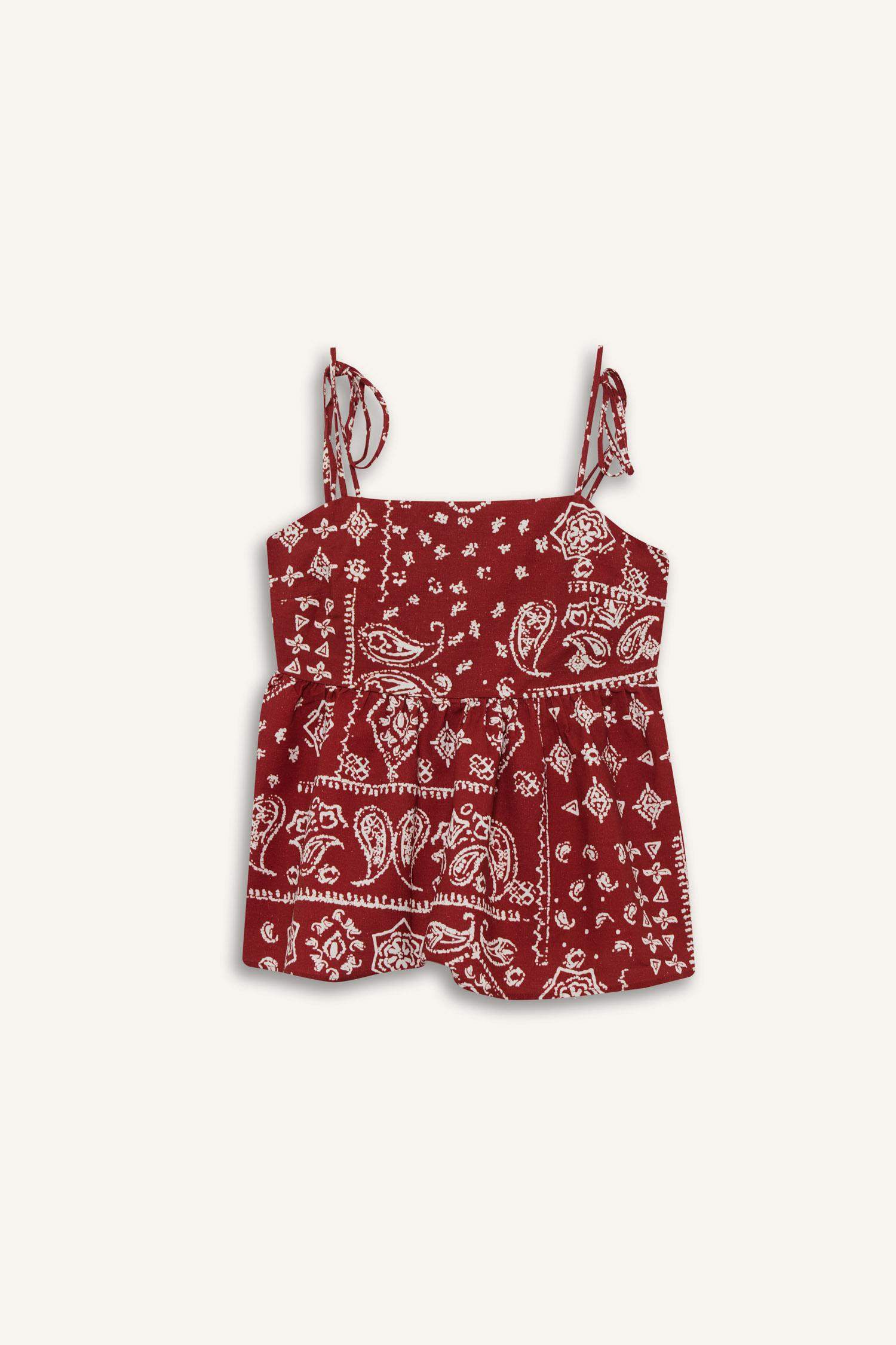 Flare Fit Şal Desenli Poplin Kolsuz Bluz