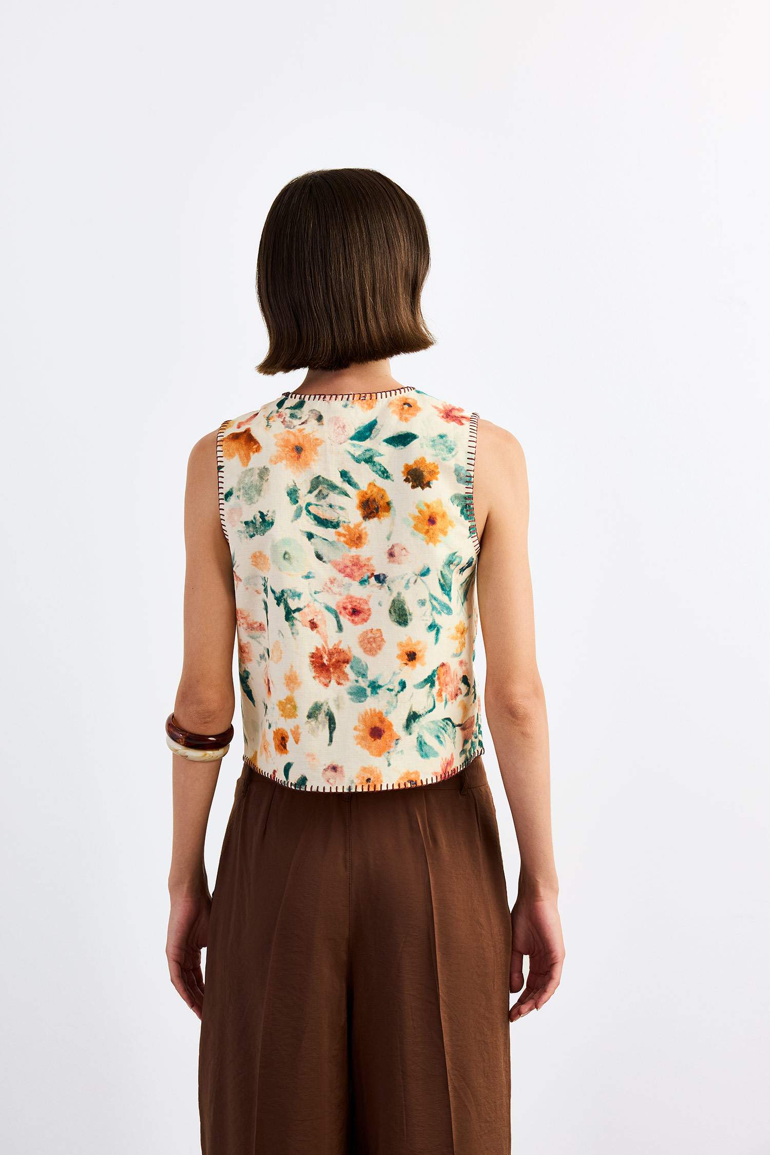 Fitted Çiçek Desenli Önden Bağlamalı Poplin Yelek