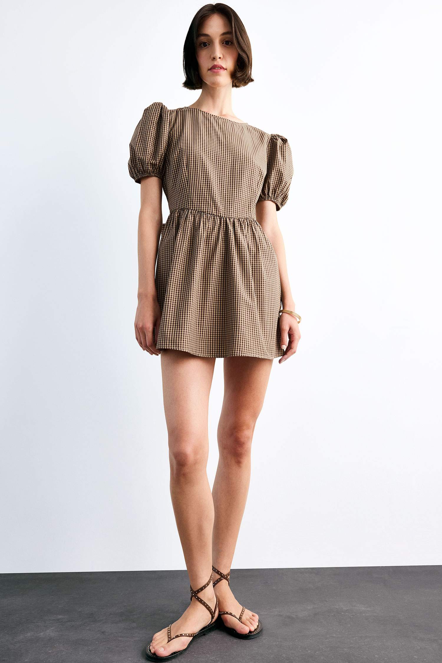 Fitted Kareli Poplin Kısa Kollu Mini Elbise