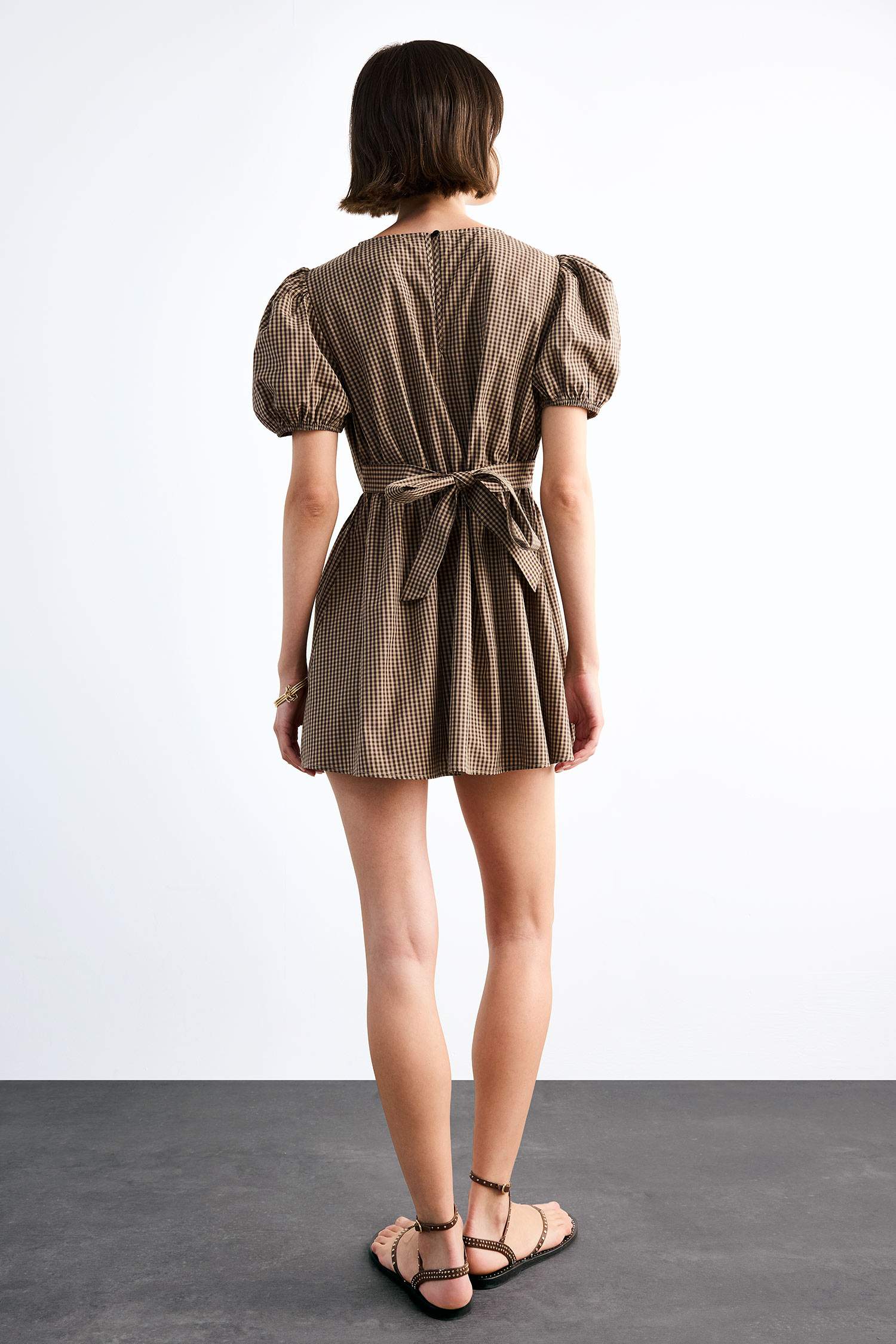 Fitted Kareli Poplin Kısa Kollu Mini Elbise