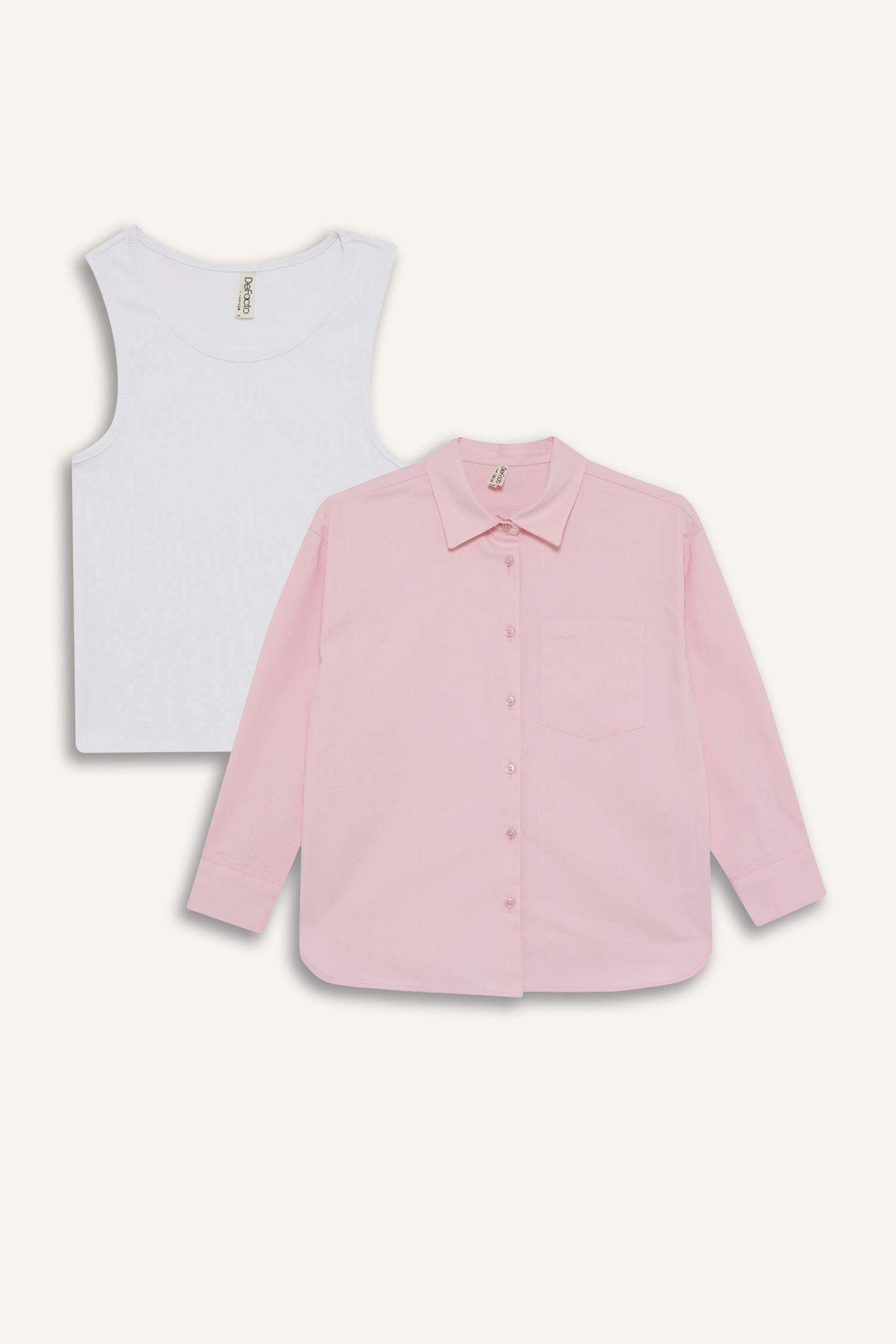 قميص كم طويل وتيشيرت بناتي قصة عادية - قطعتين