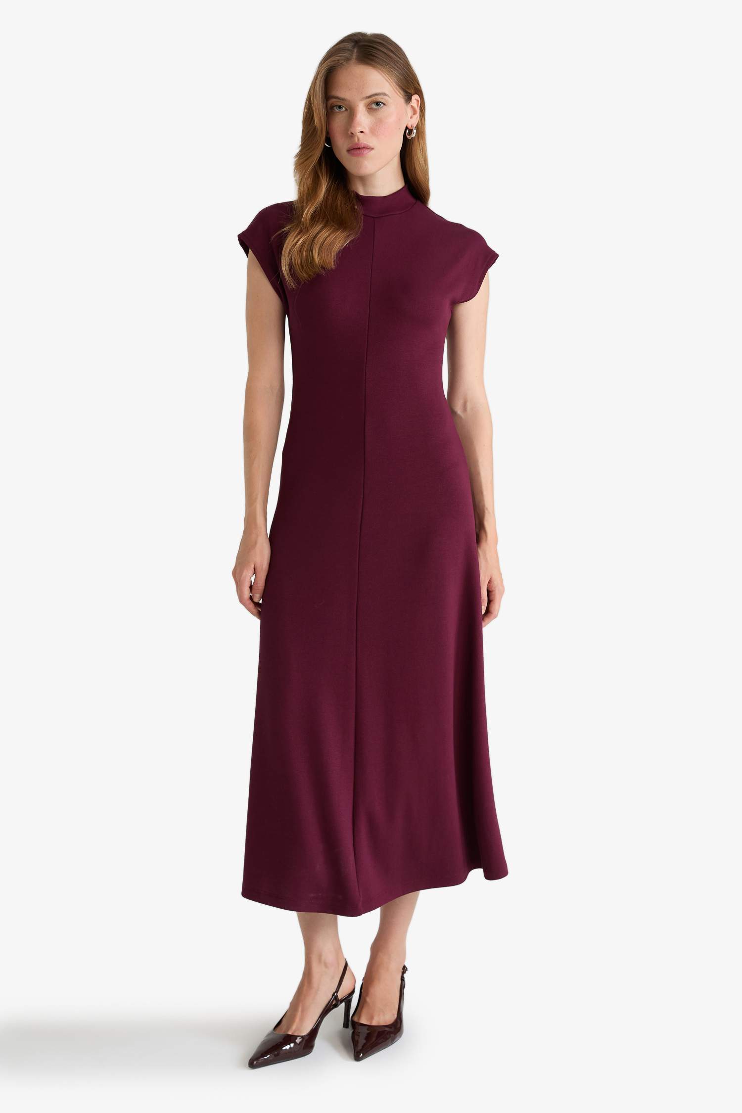 Yarım Balıkçı Yaka Ribana Kısa Kollu Midi Elbise