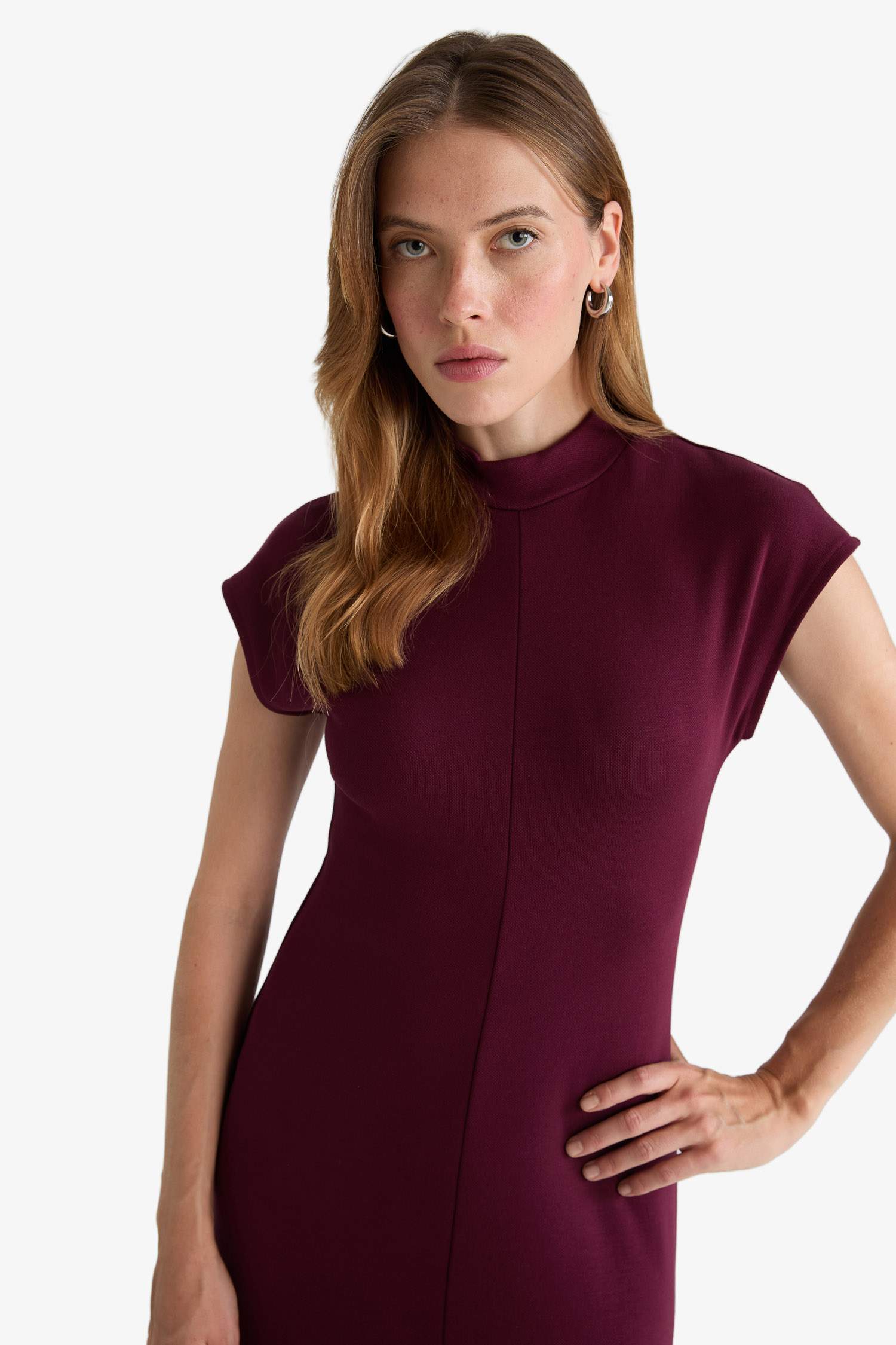 Yarım Balıkçı Yaka Ribana Kısa Kollu Midi Elbise