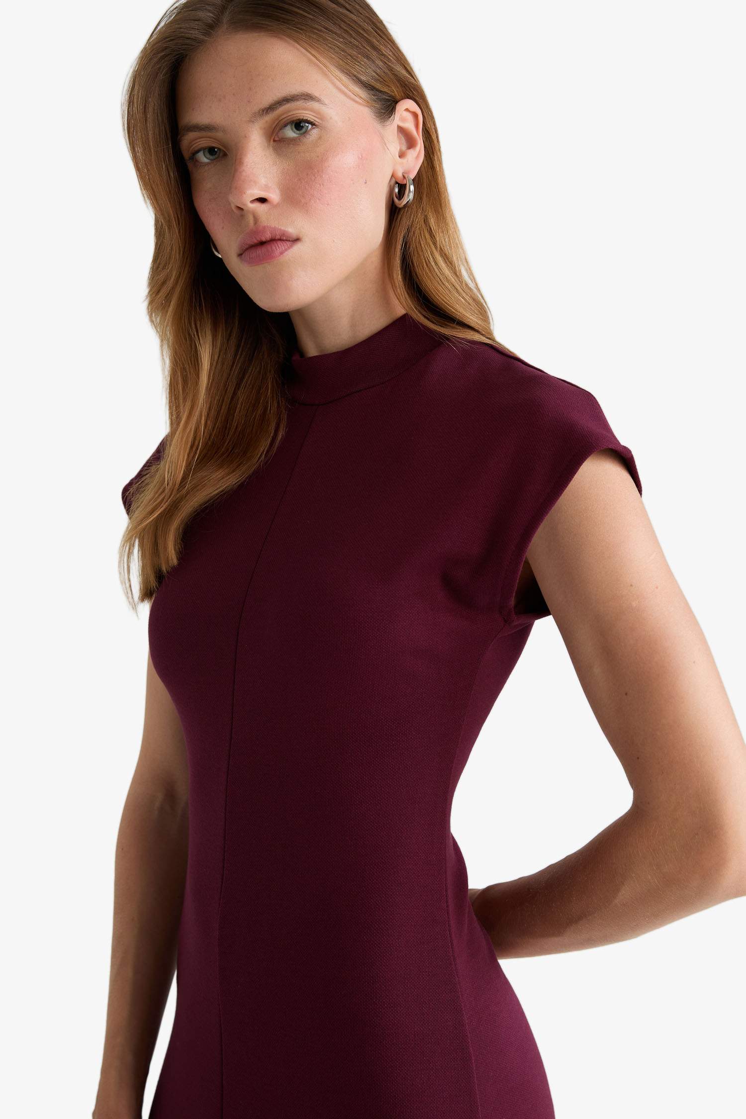 Yarım Balıkçı Yaka Ribana Kısa Kollu Midi Elbise