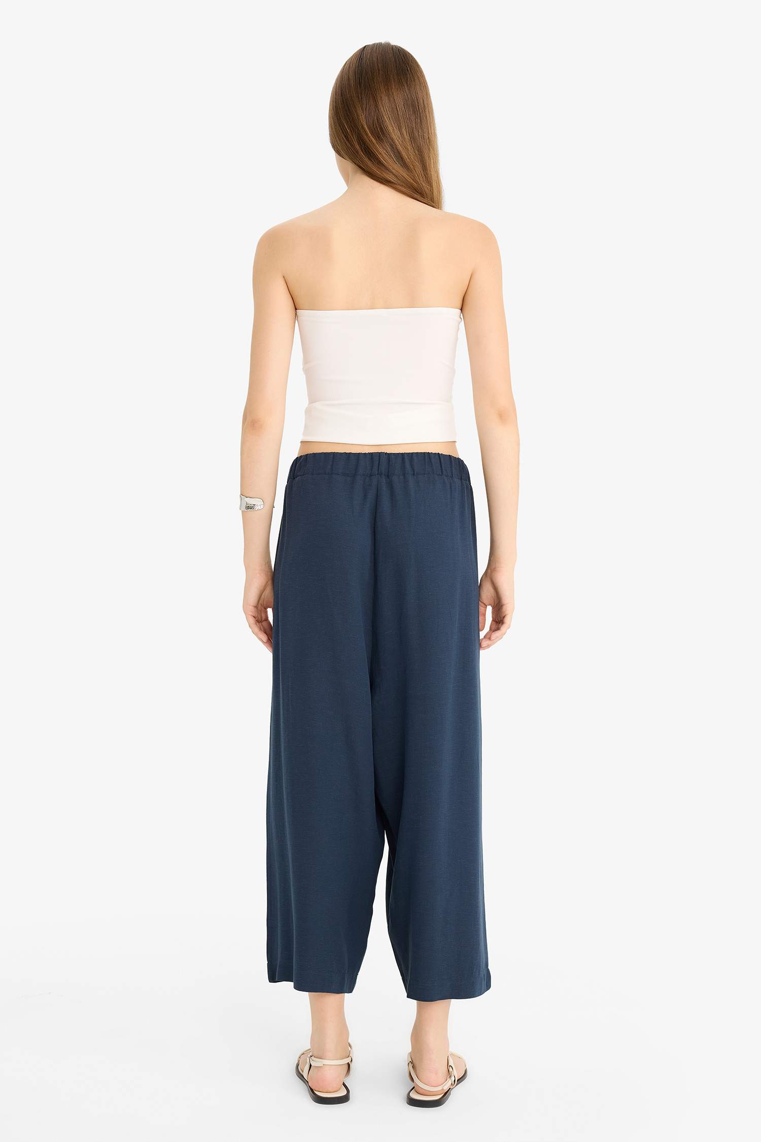 Balloon Fit Çift Cepli Normal Bel Crop Keten Karışımlı Pantolon