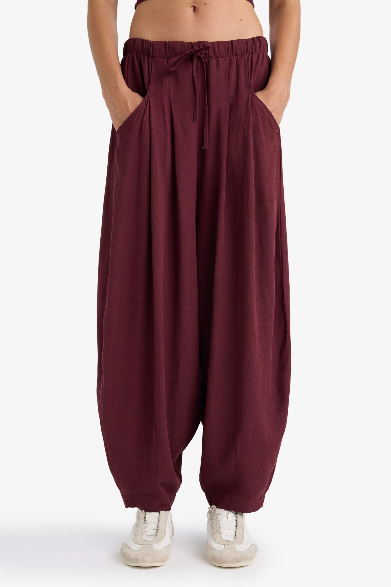 Balloon Fit Çift Cepli Normal Bel Standart Boy Keten Karışımlı Pantolon