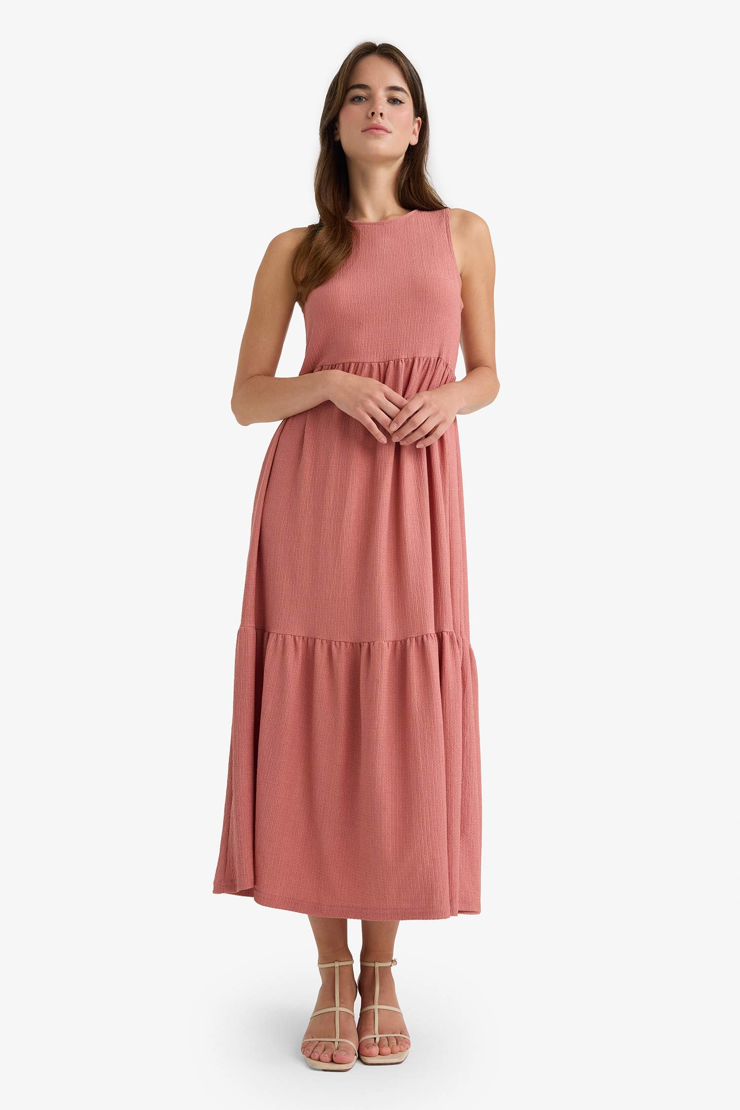 Bisiklet Yaka Bürümcük Kolsuz Midi Elbise