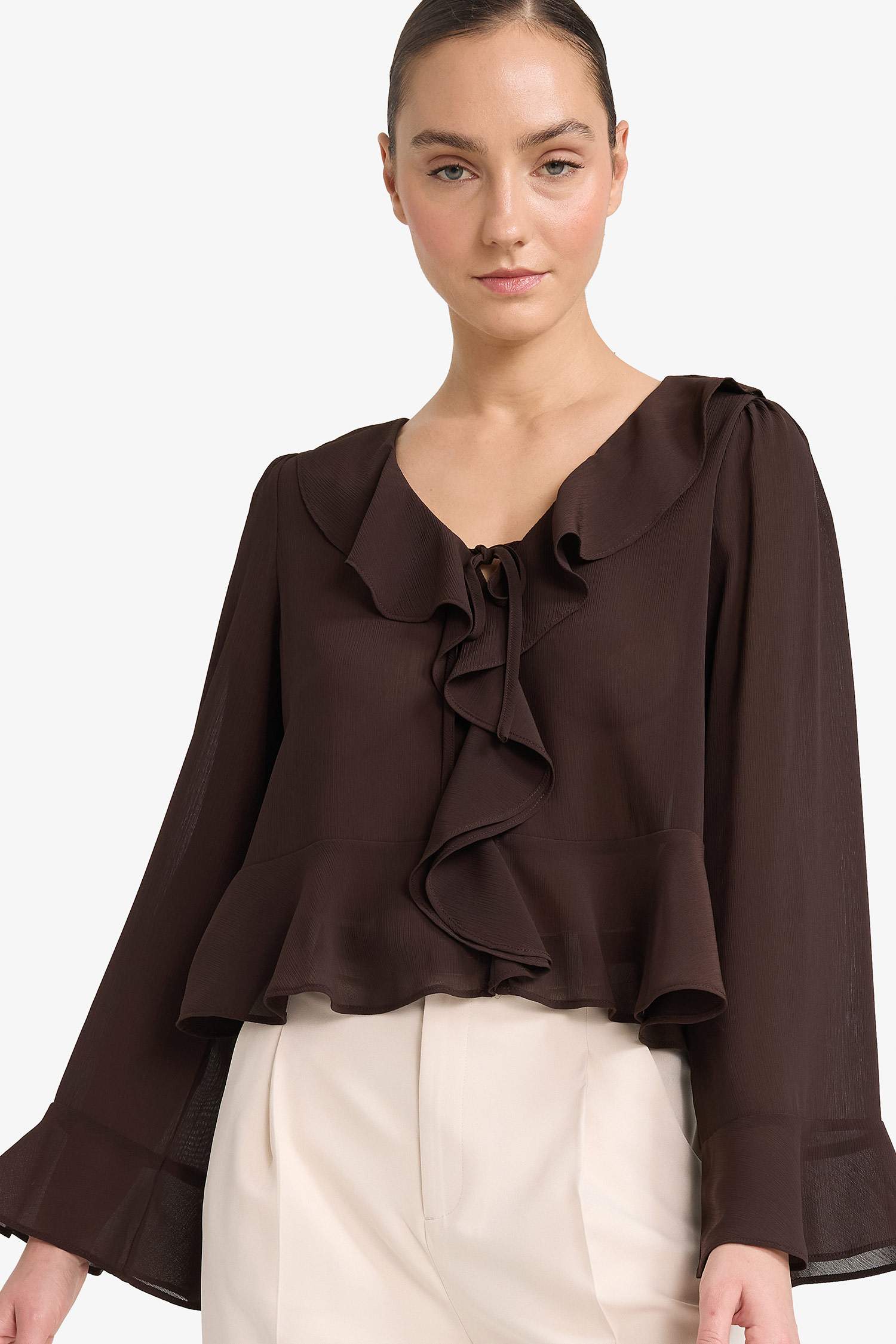 Regular Fit ұзын жеңді шифон блузка