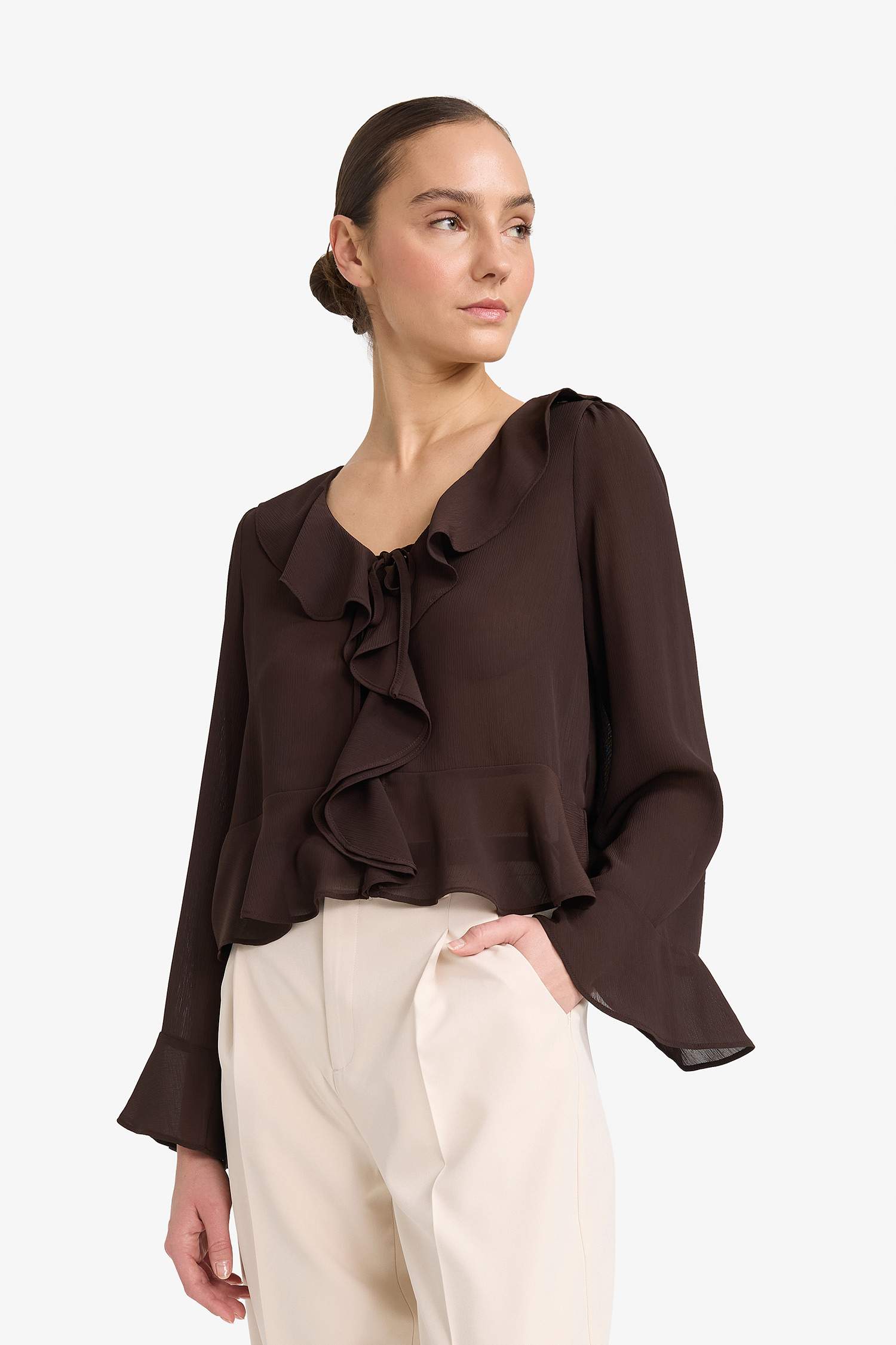 Regular Fit ұзын жеңді шифон блузка