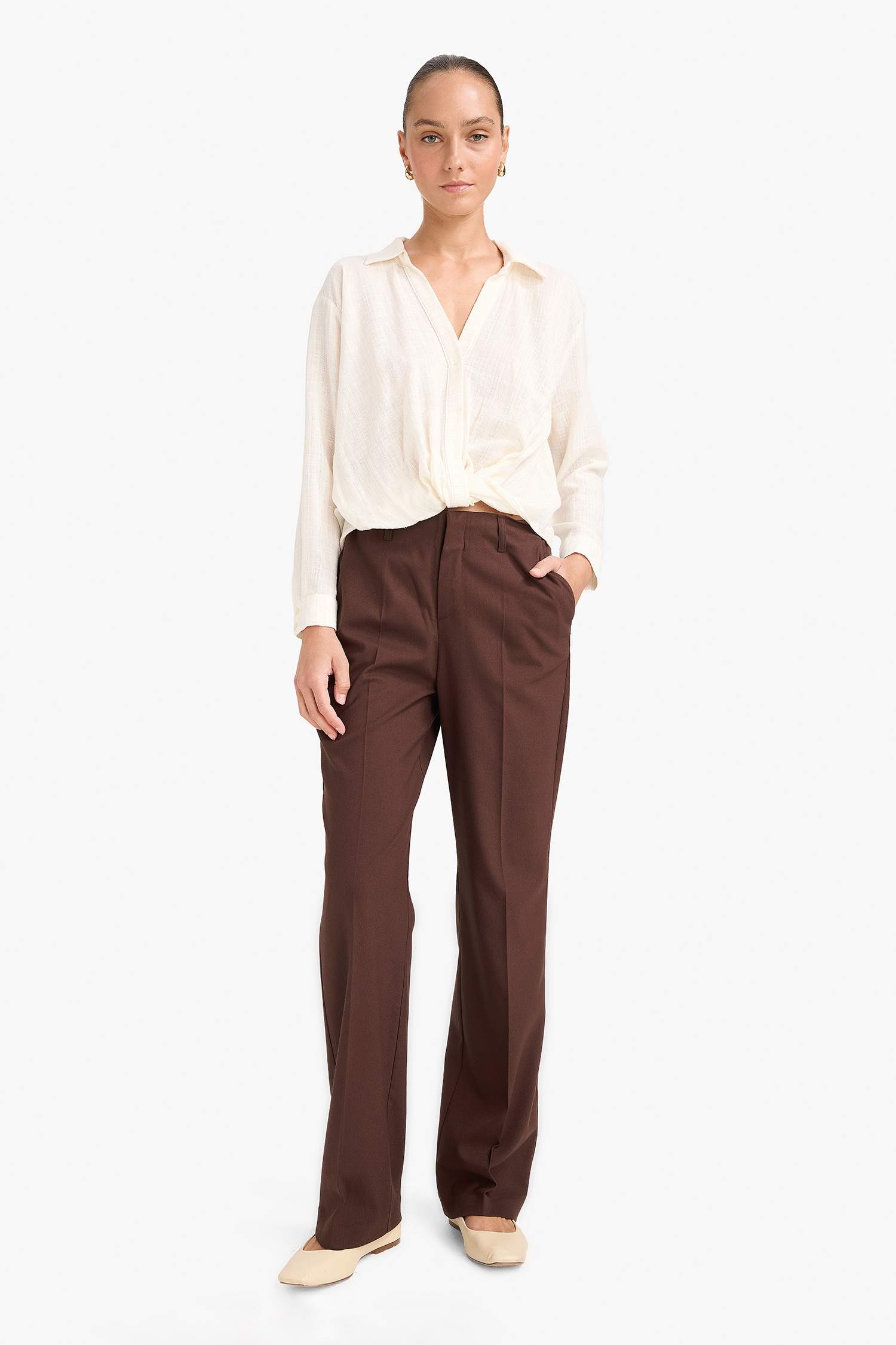 Regular Fit Gömlek Yaka Pamuklu Uzun Kollu Bluz