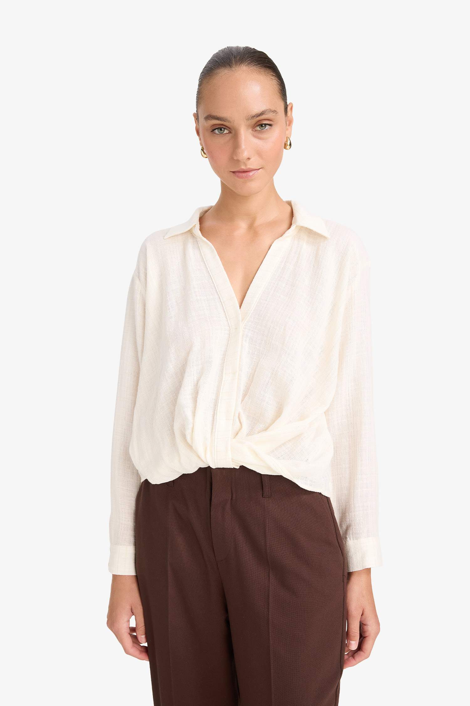 Regular Fit Gömlek Yaka Pamuklu Uzun Kollu Bluz