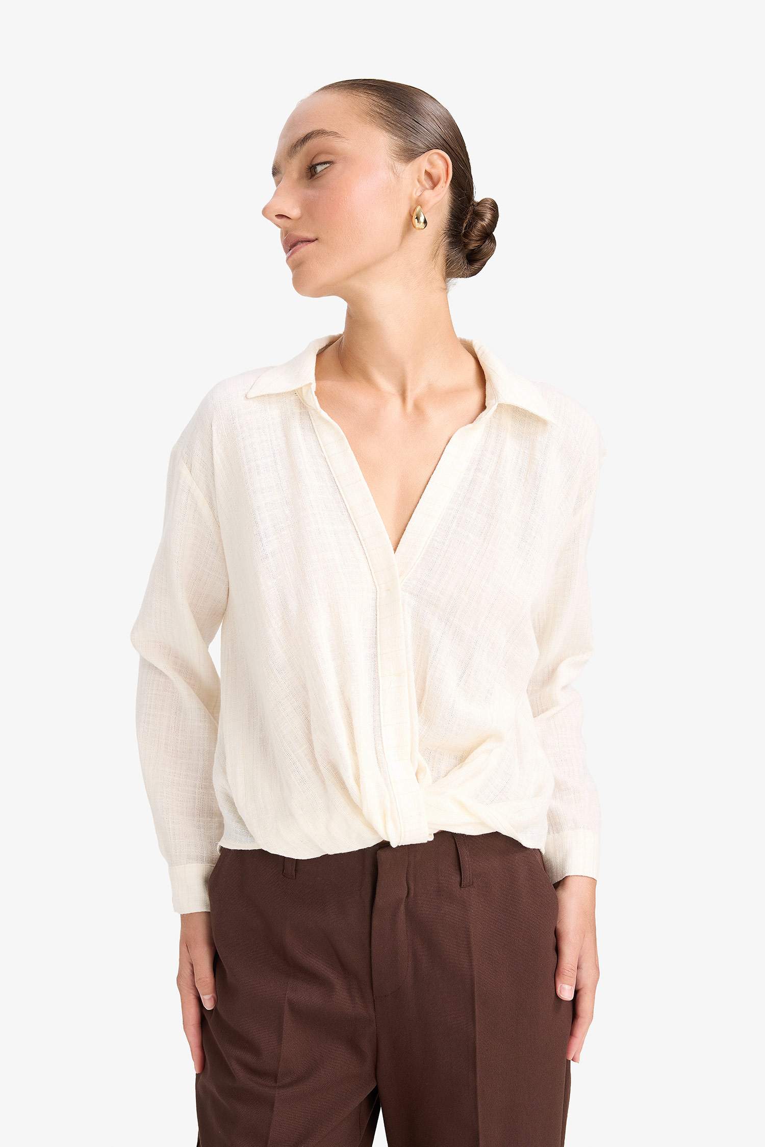 Regular Fit Gömlek Yaka Pamuklu Uzun Kollu Bluz