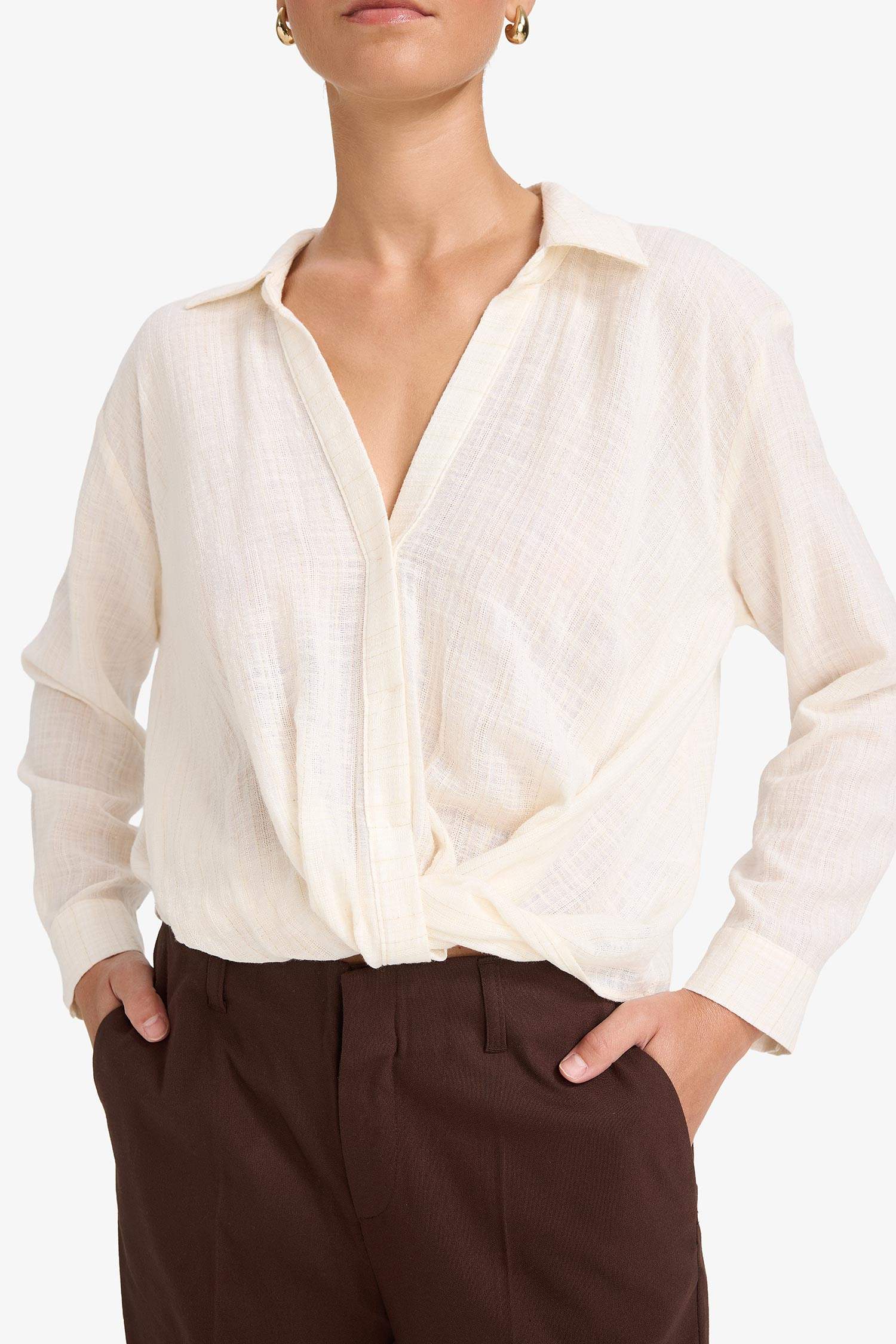 Regular Fit Gömlek Yaka Pamuklu Uzun Kollu Bluz