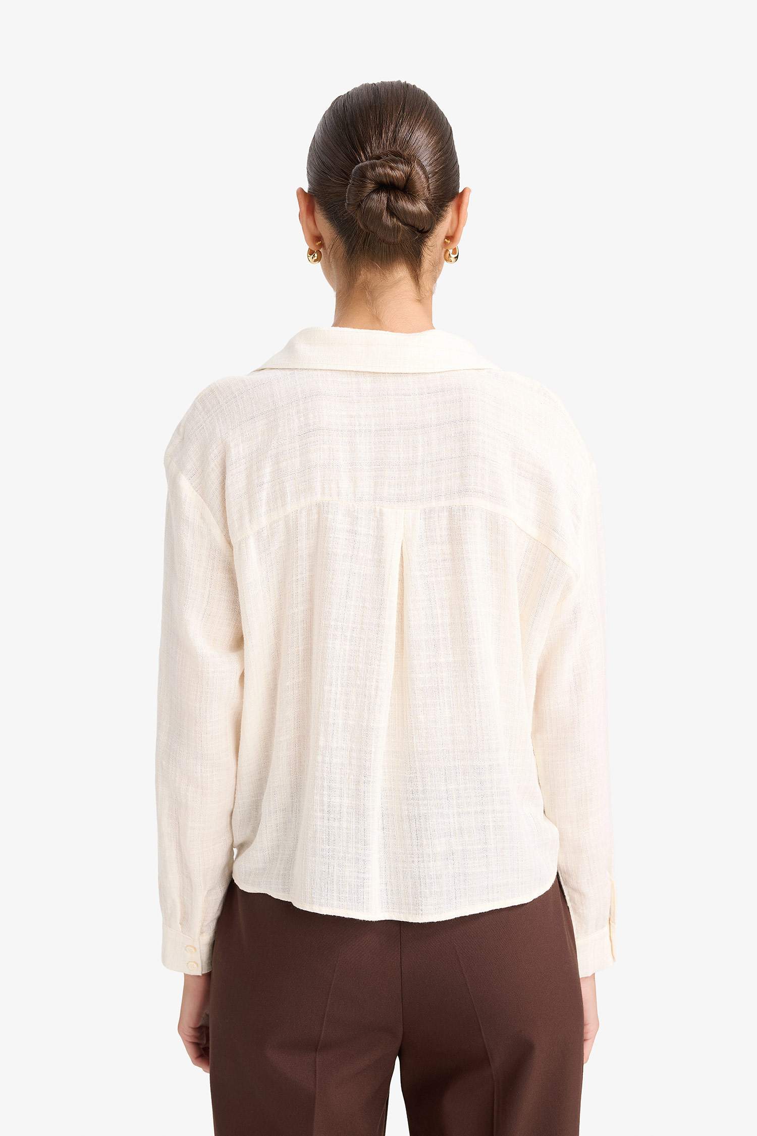 Regular Fit Gömlek Yaka Pamuklu Uzun Kollu Bluz