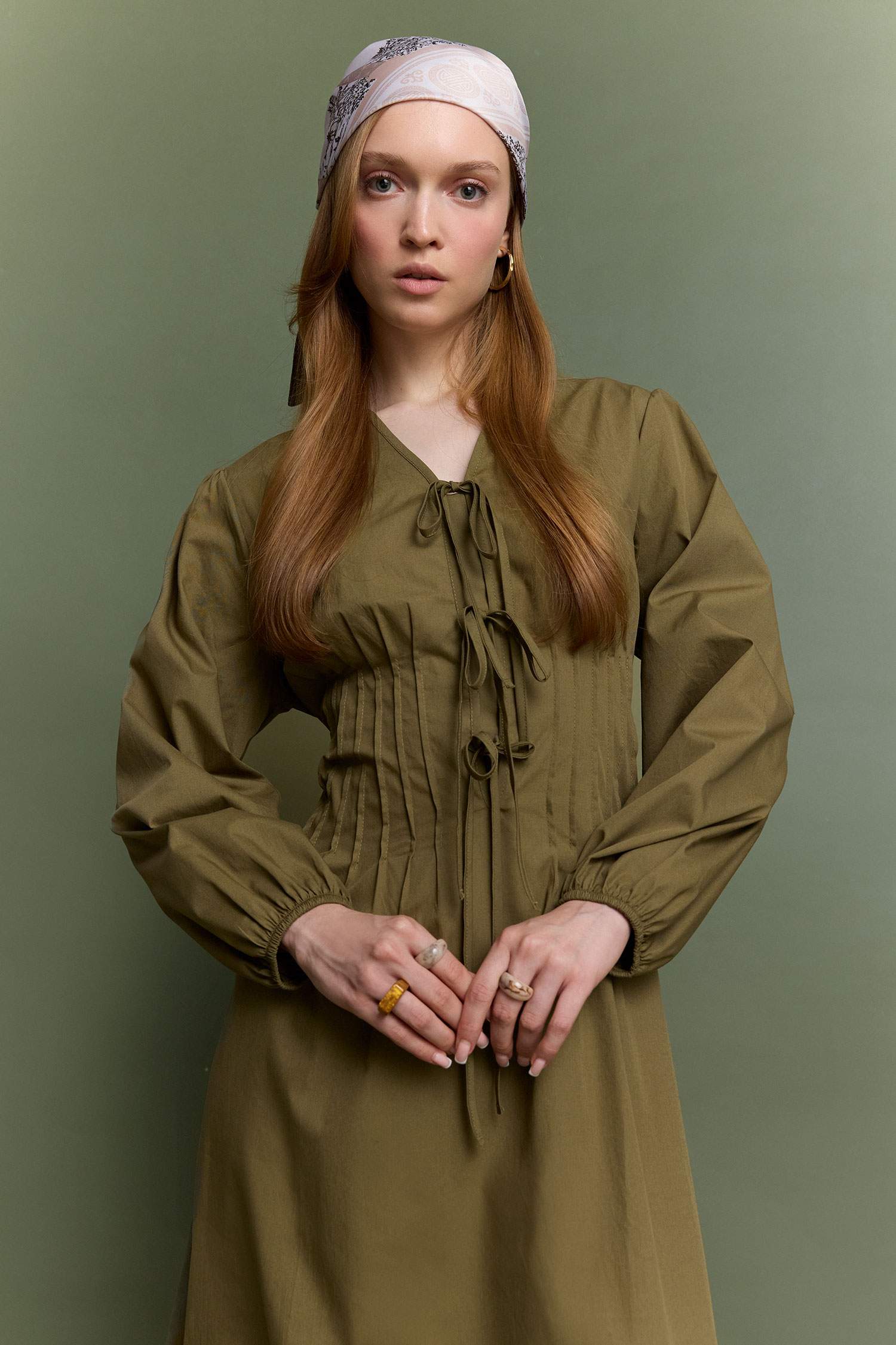 V Yaka Poplin Önden Bağlamalı Uzun KolluMaxi  Elbise