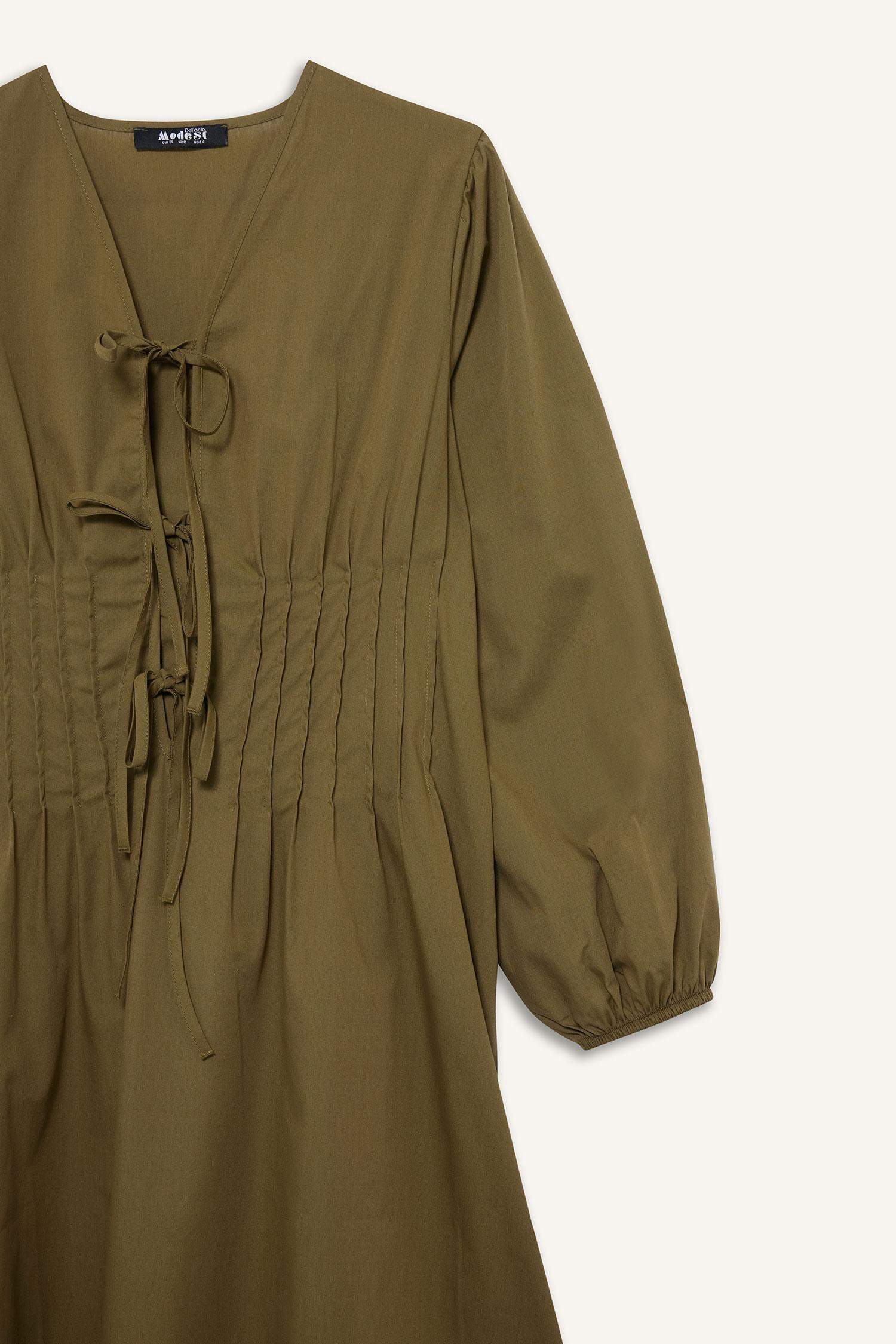 V Yaka Poplin Önden Bağlamalı Uzun KolluMaxi Elbise