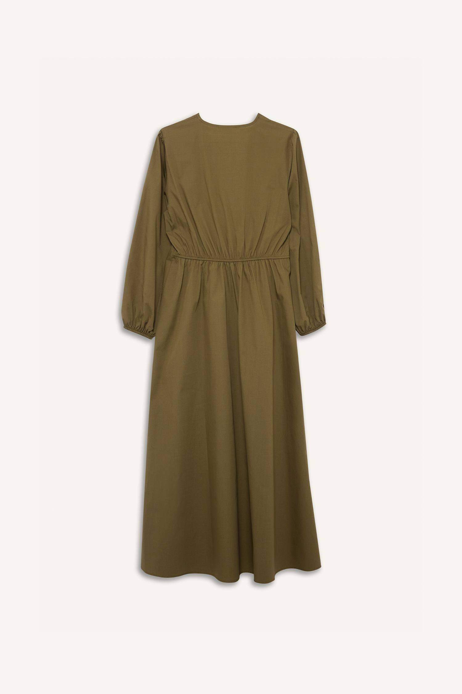 V Yaka Poplin Önden Bağlamalı Uzun KolluMaxi Elbise