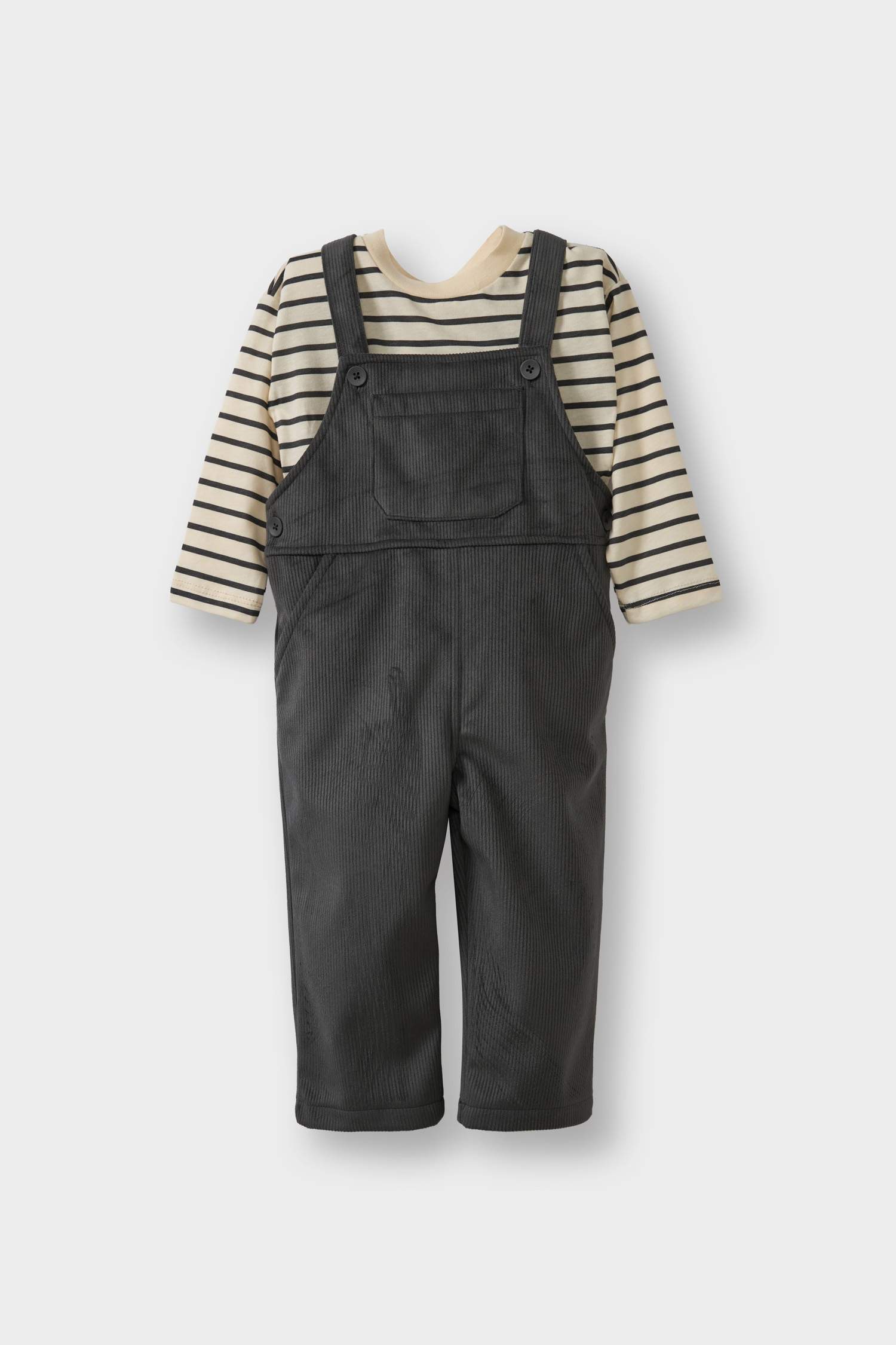 Erkek Bebek 2'li Takım Çizgili Uzun Kollu Tişört Fitilli Kadife Salopet