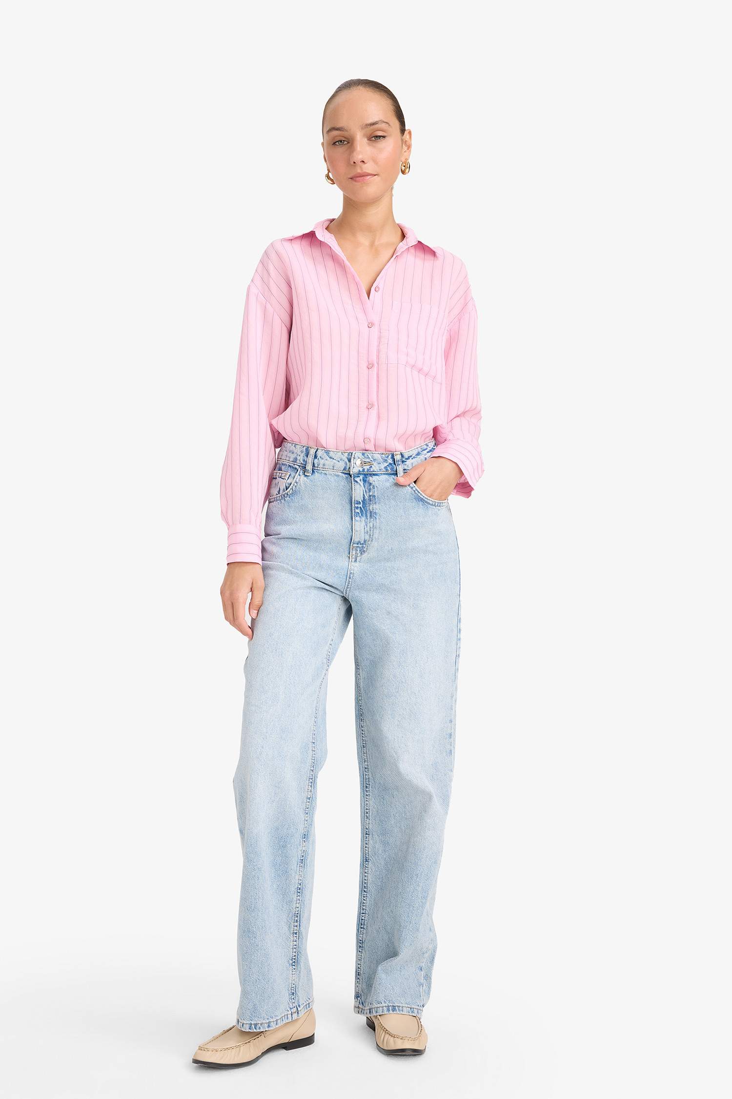 Oversize Fit Modal Long Sleeve Striped Shirt