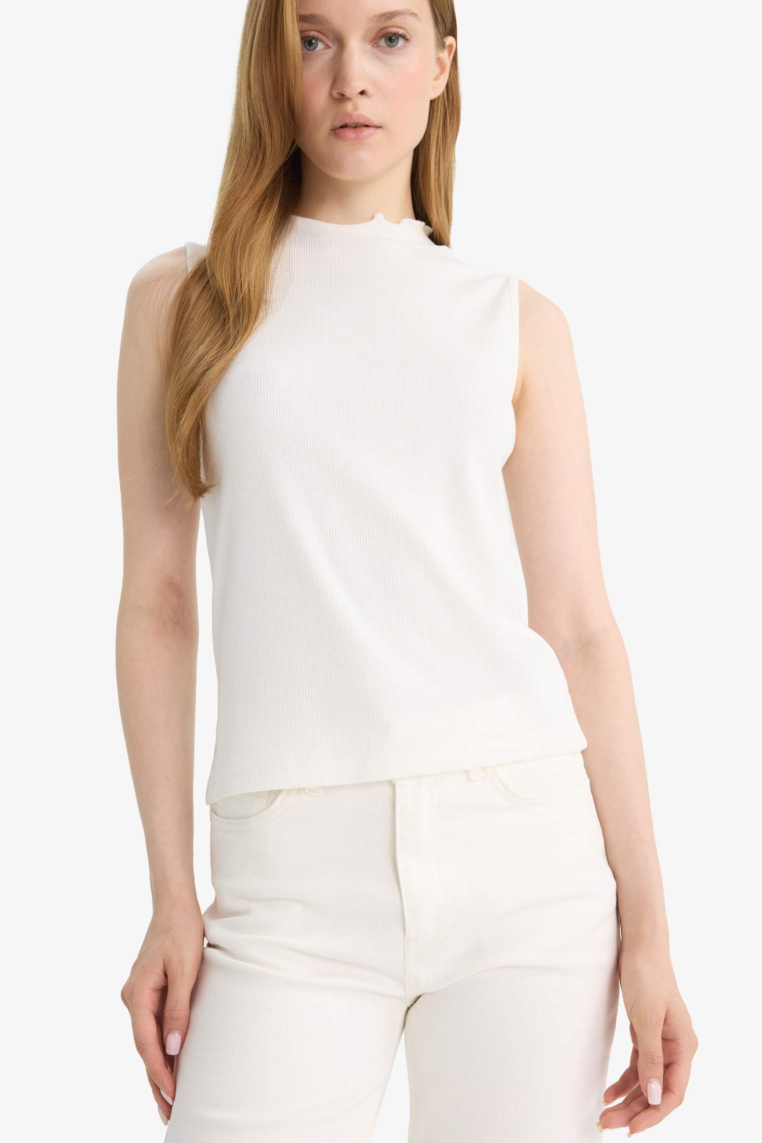 Slim Fit Dar Kesim Yarım Balıkçı Yaka Fitilli Kaşkorse Kolsuz Tunik