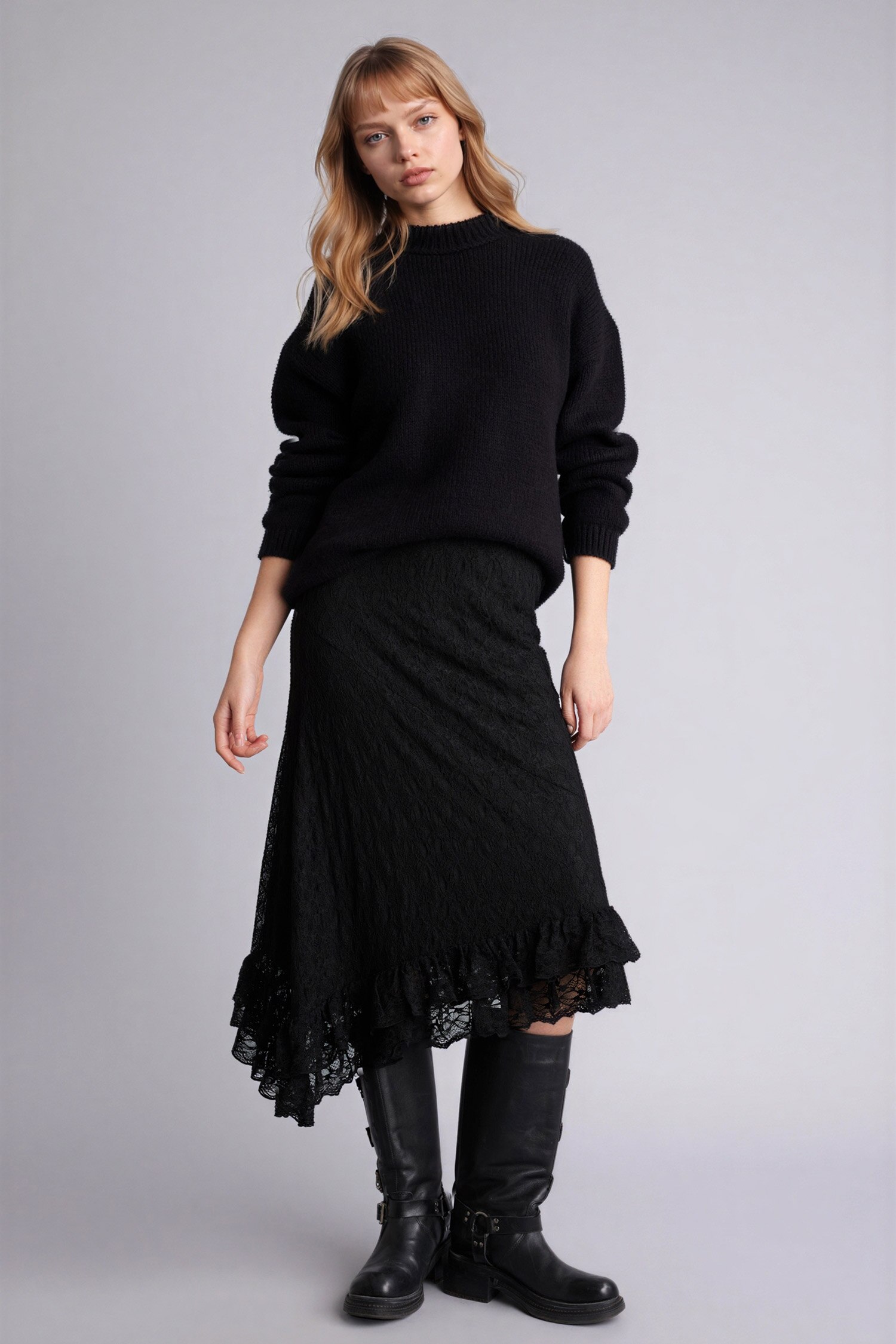 Black Woman Coool A Line Combed Lining Normal Waist Lace Midi