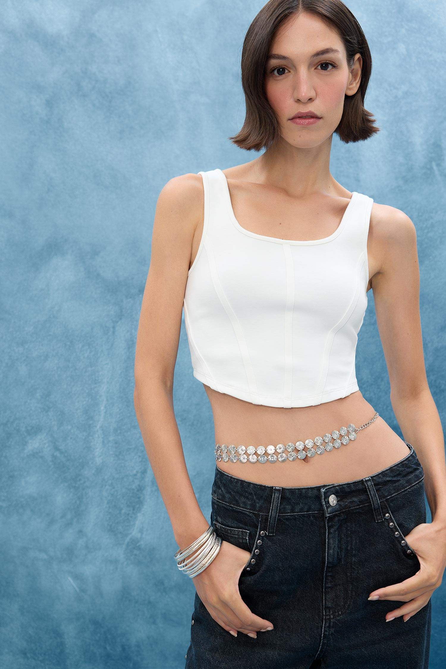 Kadın Silver Yuvarlak İki Sıra Metal Zincir Kemer