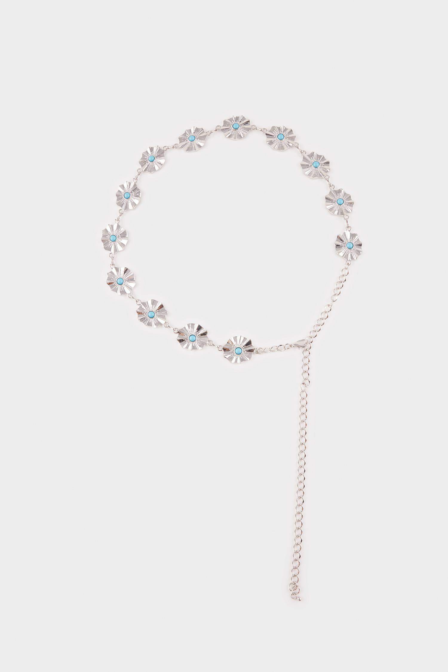 Kadın Mavi Taşlı Çiçekli Silver Bel Zinciri