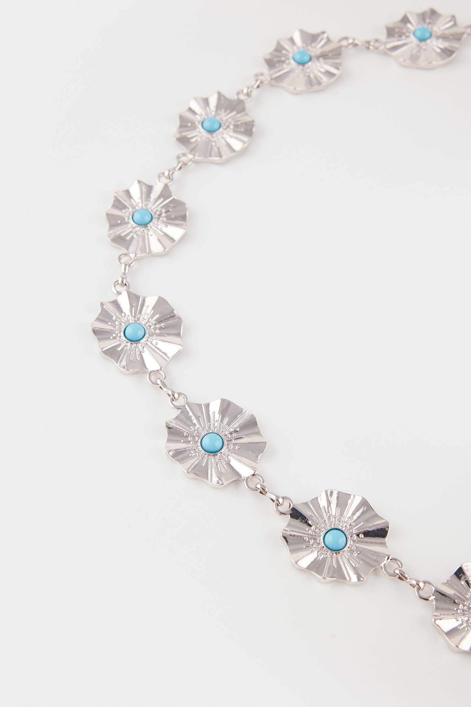 Kadın Mavi Taşlı Çiçekli Silver Bel Zinciri