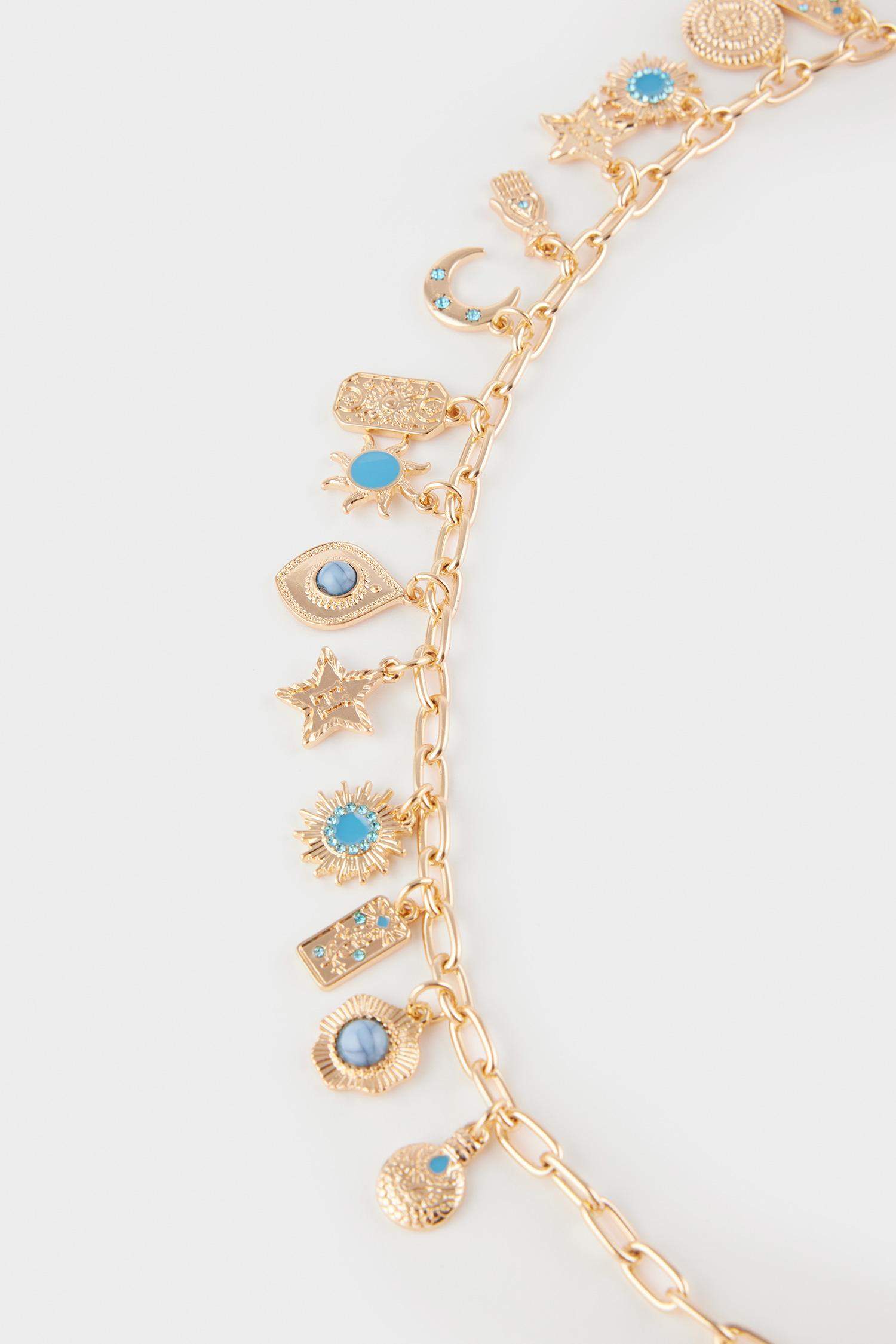 Kadın Mavi Taşlı Charmlı Bel Zinciri