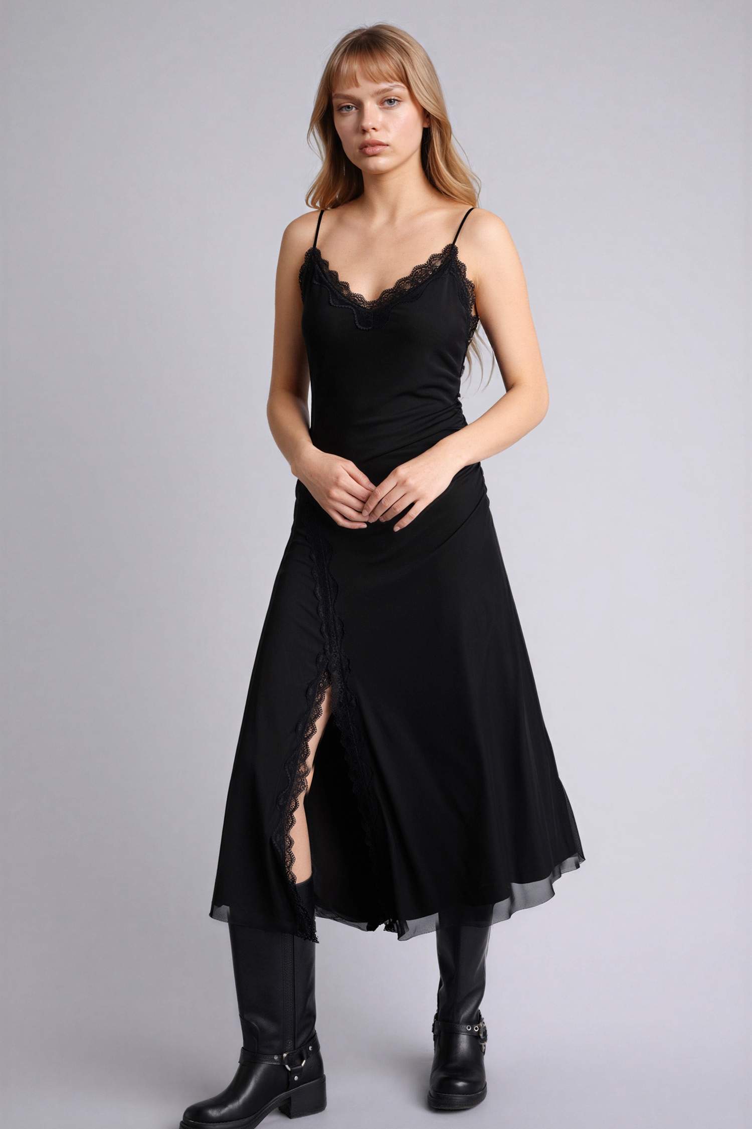 V-Neck Tulle Midi Dress