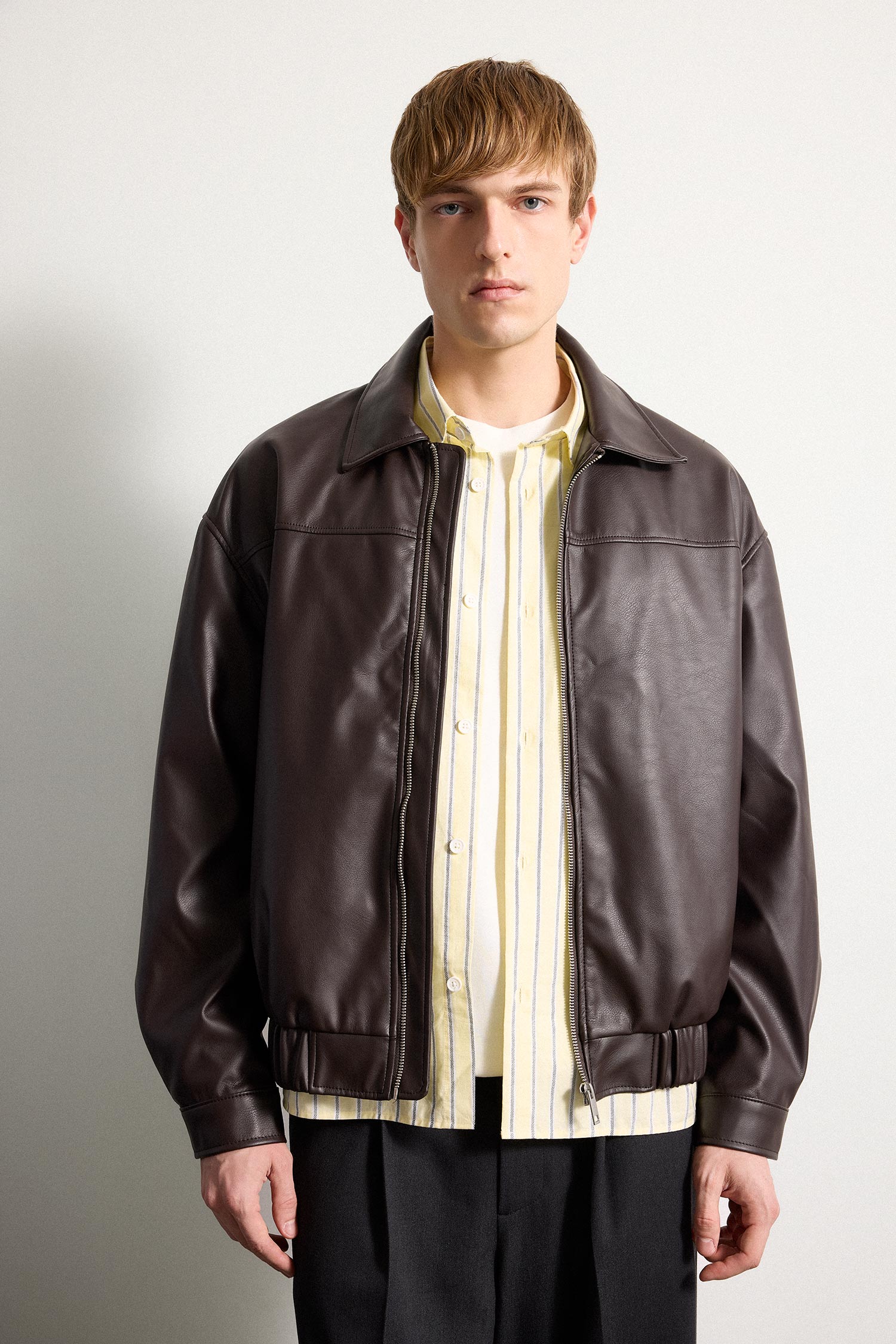 Brown Man Oversize Fit Zip-Up Faux Leather Jacket 3376900 | DeFacto