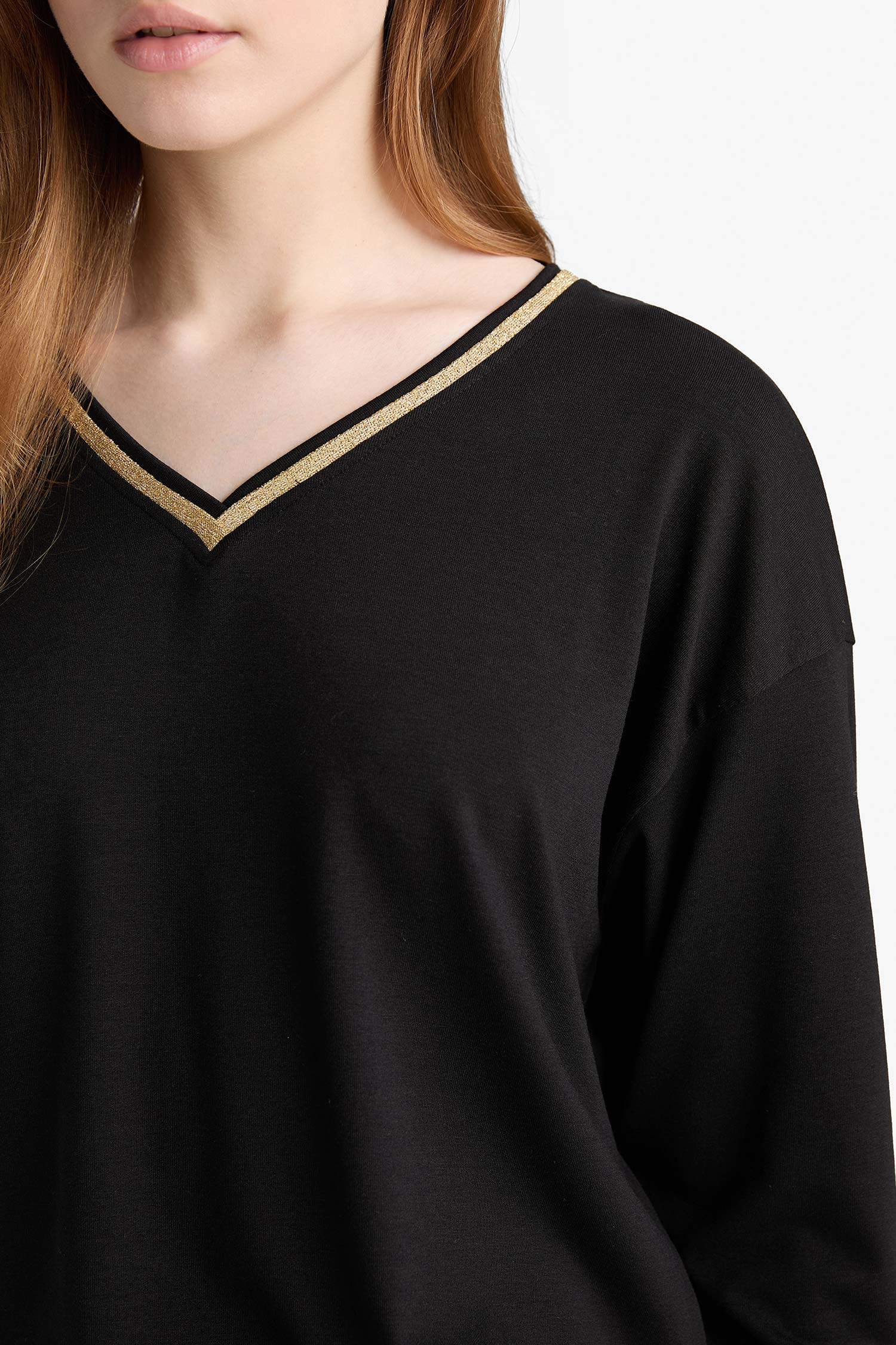 T-shirt à col en V et manches longues Coupe régulière