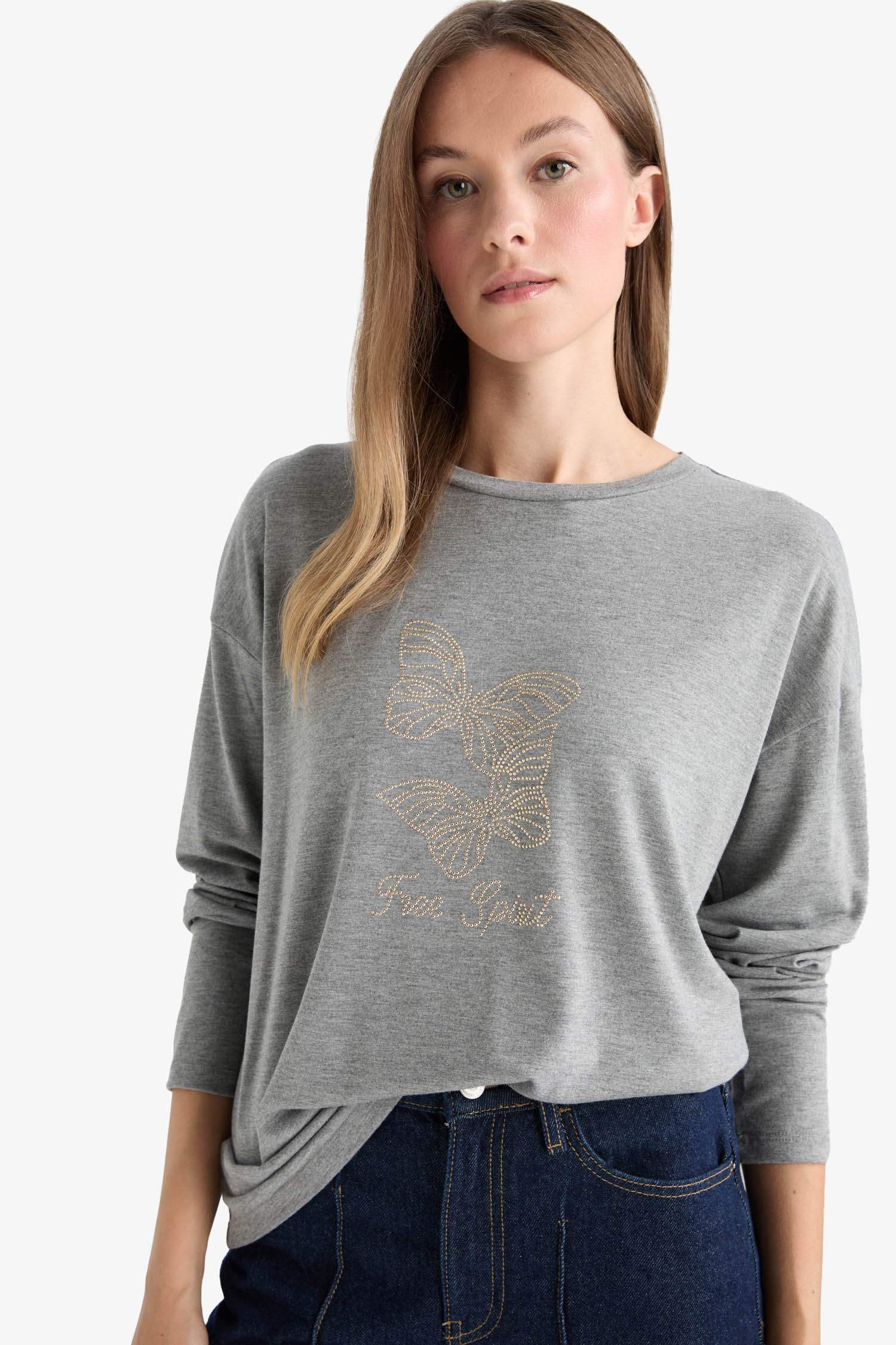 Relax Fit Bisiklet Yaka Uzun Kollu Tişört