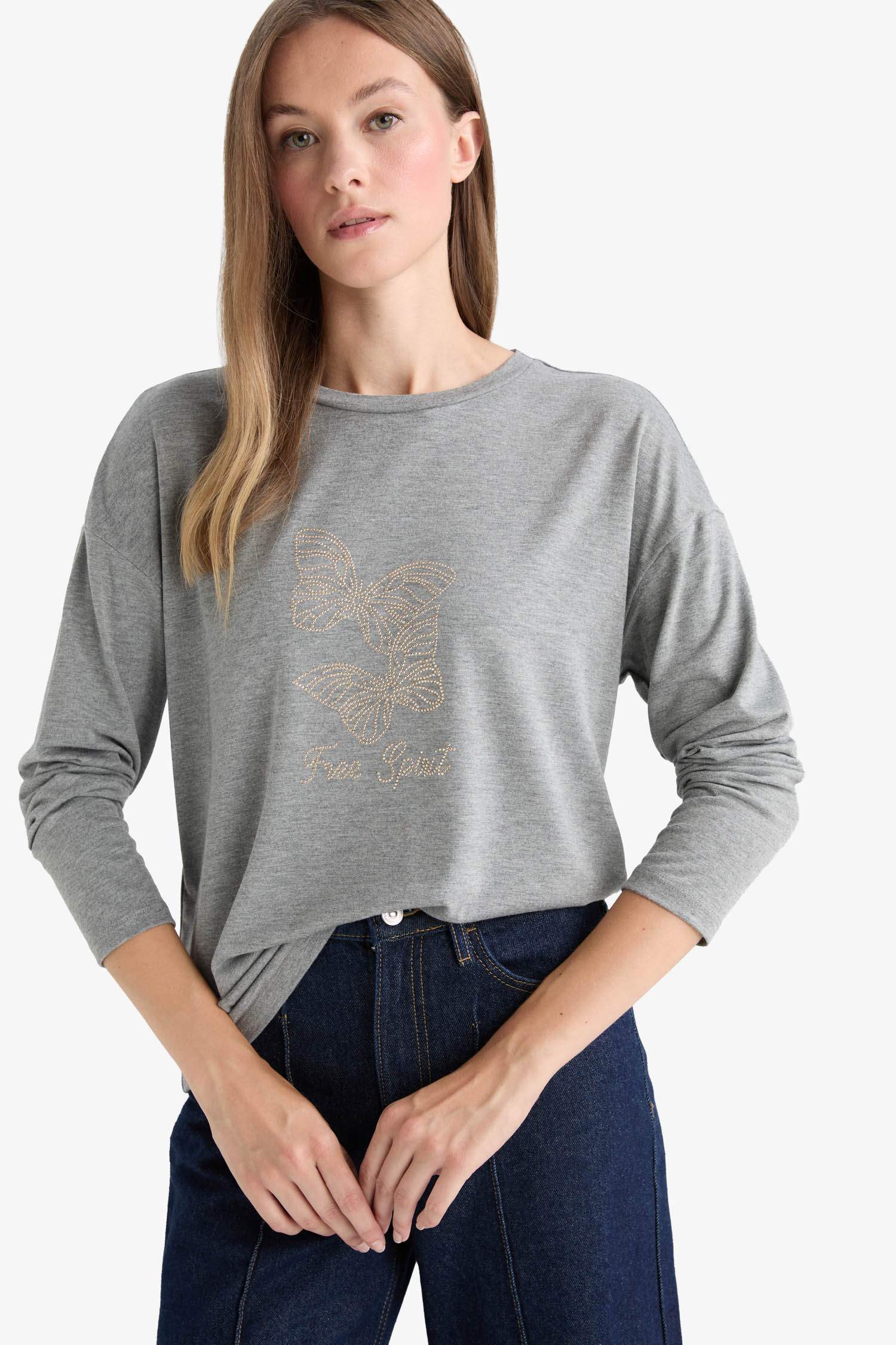 Relax Fit Bisiklet Yaka Uzun Kollu Tişört